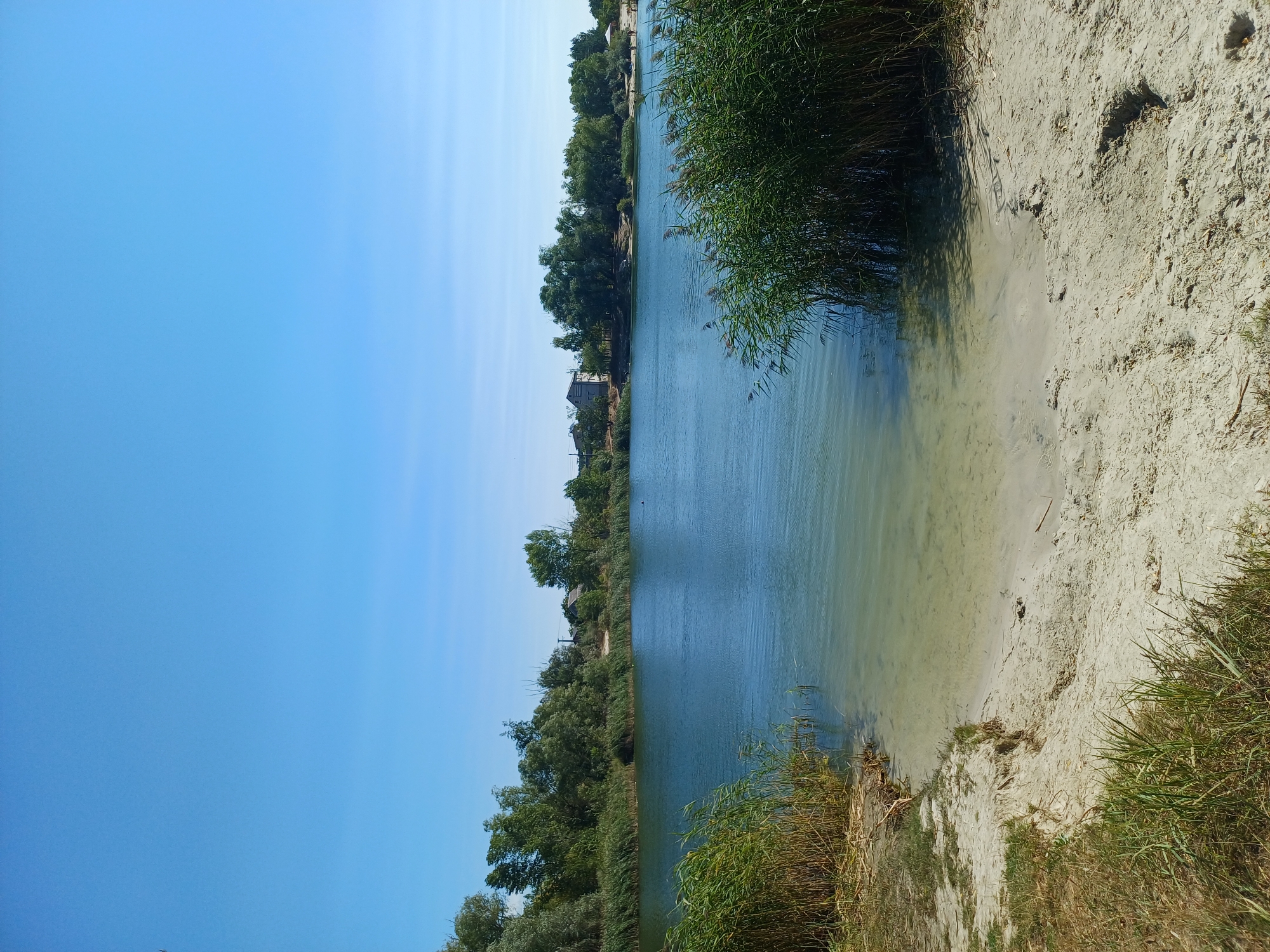 The image depicts a serene natural landscape with a body of water, likely a lake or reservoir, in the foreground and middle ground. The water is calm with a slight ripple on its surface, reflecting the clear blue sky. The shoreline is sandy and appears to be a beach area, with some patches of dry grass and reeds growing along the edge. In the distance, a dense line of trees borders the water, with a few houses visible amongst the foliage, suggesting a semi-rural or suburban setting. The sky is a vibrant, cloudless blue, indicating a sunny day. The overall impression is one of tranquility and natural beauty. The location is identified as Vlasivka, Ukraine.