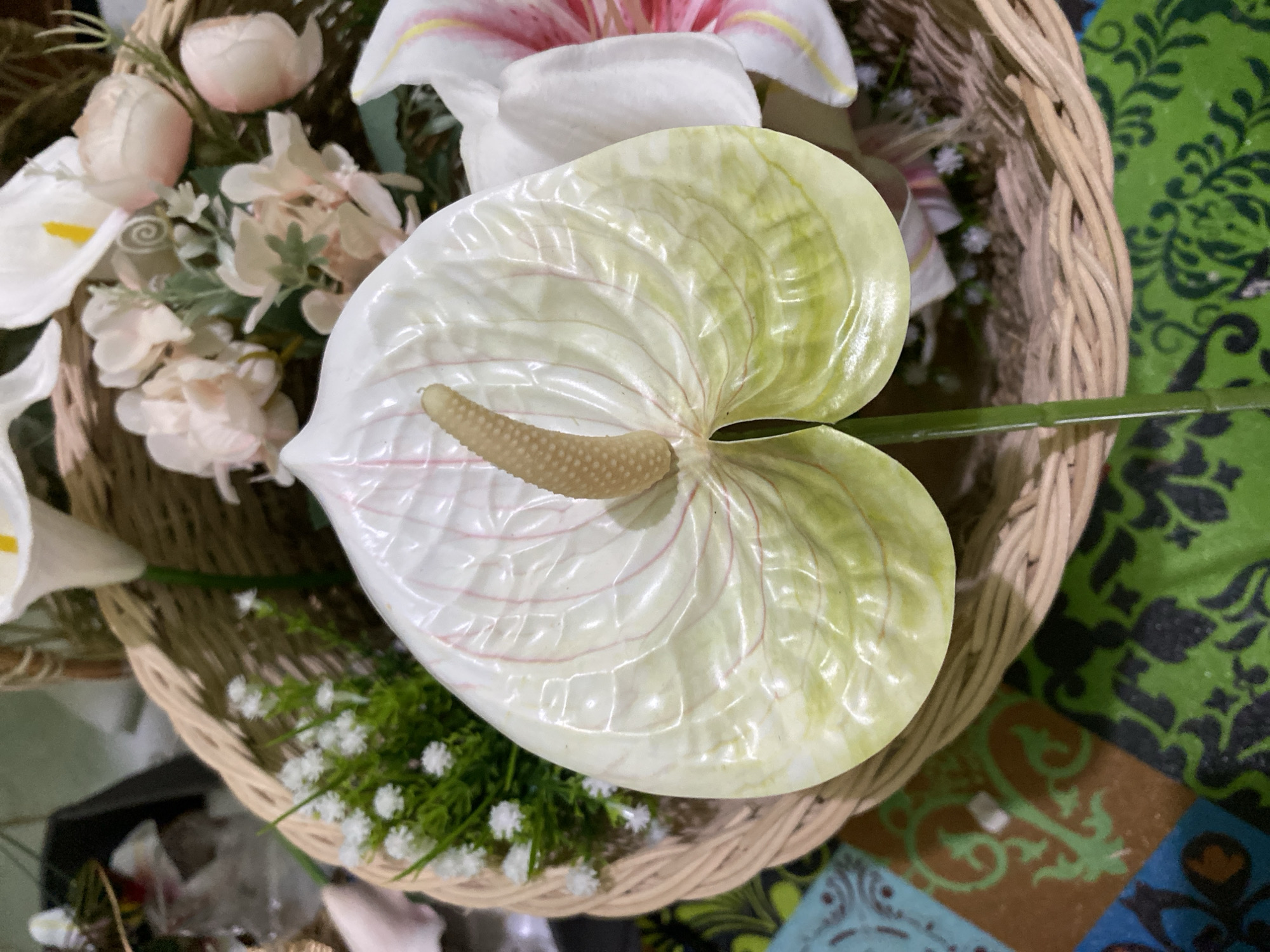 A high-angle medium shot captures a white and green anthurium flower with a pale yellow spadix, positioned in the center of a woven basket. The basket is filled with other artificial flowers and greenery. The flower's spathe is heart-shaped, with prominent pink veins radiating from the base to the edges, and a gradient of green at the lower portion. The spadix is conical and textured. Behind the anthurium, other flowers in shades of white, pink, and cream are visible. The basket rests on a surface covered with a patterned cloth featuring a vibrant green background with black and blue decorative elements. The setting appears to be indoors, possibly a home or a shop in Kuala Pembuang, Indonesia, given the context provided.