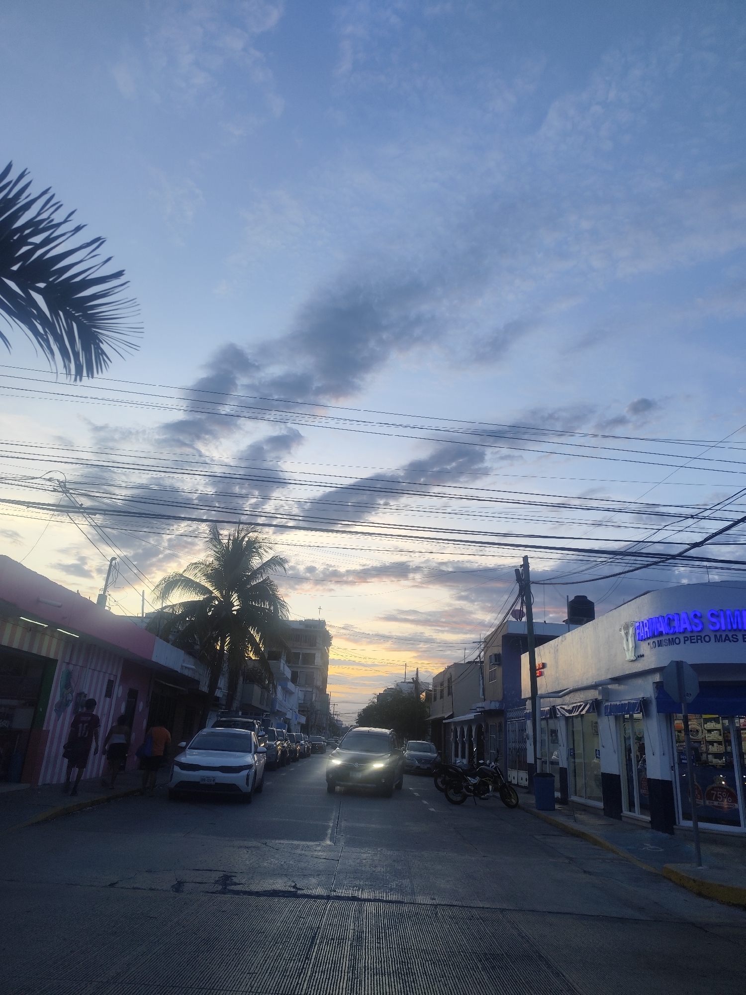 The image depicts a street in Playa del Carmen, Mexico, at dusk. A street lined with buildings, vehicles, and palm trees stretches into the distance. The sky is a mix of pale blues and grays. Electrical wires crisscross overhead. On the left, a pink and white striped building is visible. Several people are walking on the sidewalk. Cars are parked along the left side of the street, with other cars traveling in both directions. Motorbikes are parked along the right side of the street. A "Farmacias Similares" pharmacy is visible on the right side of the street. The overall lighting is subdued, with a golden hue on the horizon.