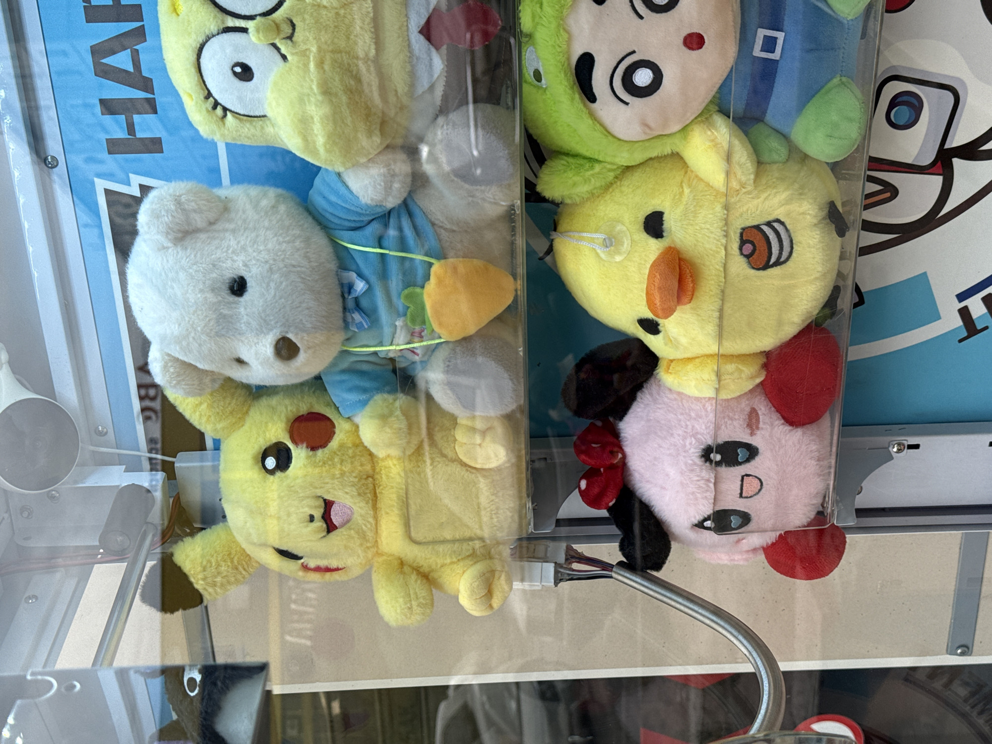 The image shows a close-up view of stuffed toys inside a claw machine. On the top row, from left to right, are a yellow Pikachu plush toy, a white teddy bear wearing a blue shirt and a carrot pendant, and a yellow SpongeBob SquarePants plush toy. On the bottom row, from left to right, are a pink Kirby plush toy with red cheeks and a black bow, a yellow duck plush toy with an orange beak, and a plush toy of a character with a green hood and wide eyes. The stuffed toys are arranged behind a glass panel, with some of the machine's mechanics visible in the foreground, including the metal claw. The background is a blue and white patterned material.
