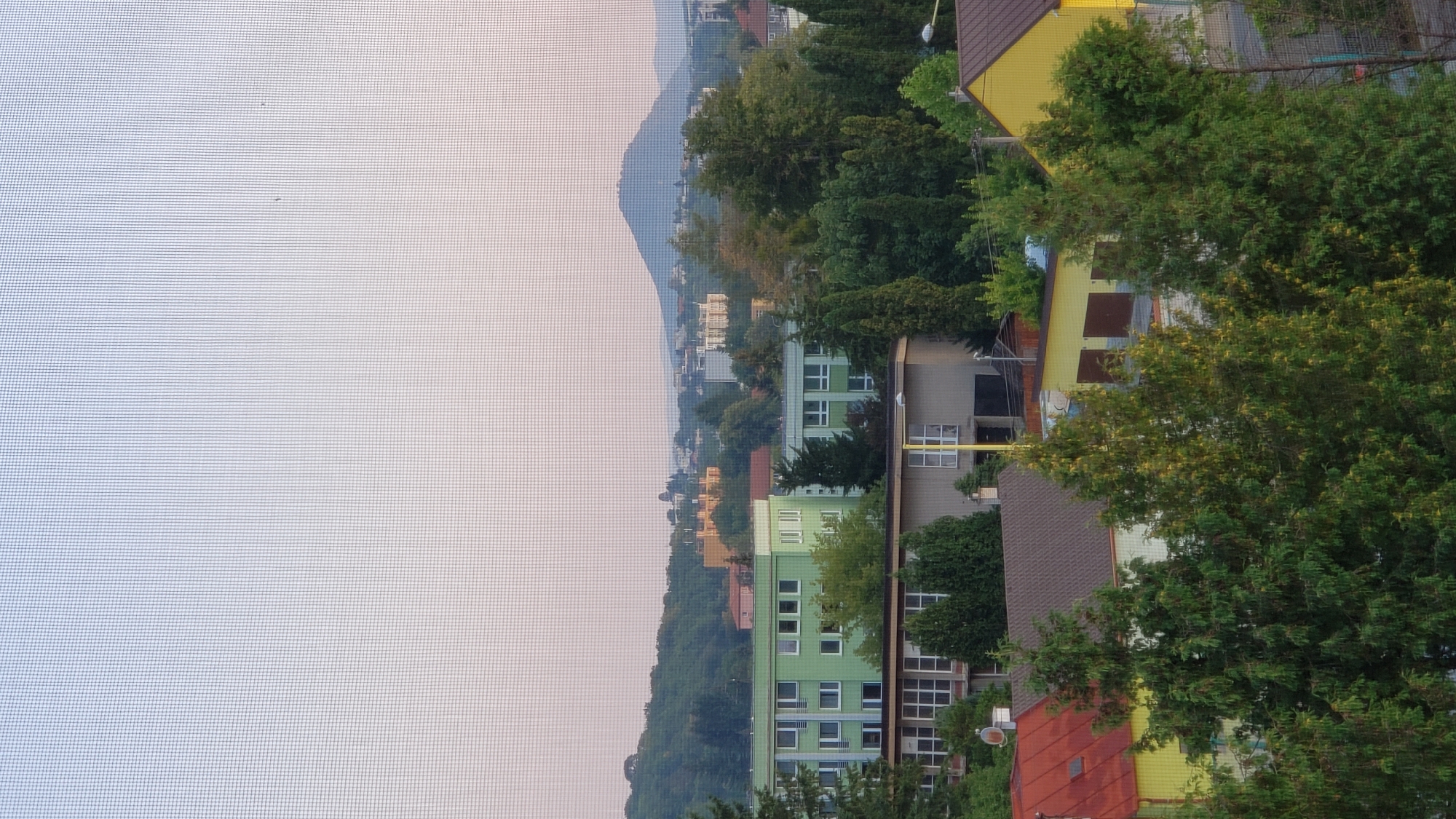 The image depicts a suburban or urban landscape with a prominent hill in the background. In the foreground, several buildings are visible, including multi-story apartment buildings painted in light green and a single-story building with a gray facade. Red-tiled roofs and yellow-painted houses are also present, interspersed with lush green trees and cypress-like evergreens. The sky is a soft gradient of pale blue and pink, suggesting either dawn or dusk. The view appears to be from a window with a screen. The architecture suggests a European setting, and the overall impression is one of a residential area. It is highly probable this image was taken from a vantage point in Prešov, Slovakia, given the context provided. The specific location in Prešov is not discernable from the image alone.