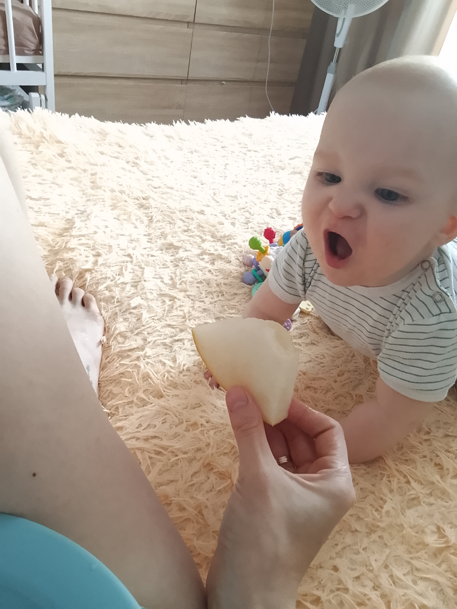 The image shows a baby on a fluffy beige carpet, reaching for a slice of pear offered by an unseen person. The baby, wearing a striped onesie, is on its hands and knees, with its mouth open. A hand holding the pear is in the foreground. The background shows a wooden dresser and a white fan. The location is not specified in the image or its metadata.