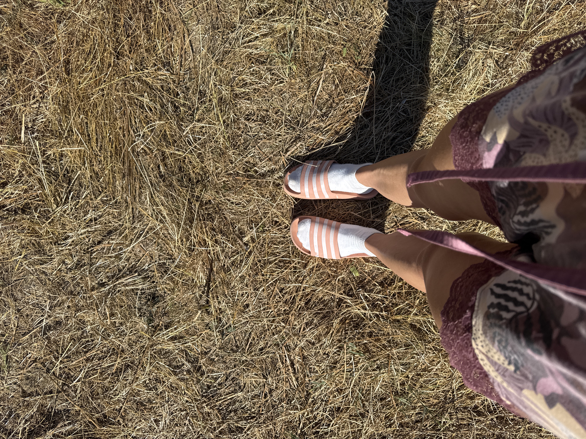 The image shows a pair of legs wearing pink and white striped slides and white socks, standing on dry, matted grass. The person is wearing a patterned dress with lace trim. The scene is outdoors, likely in a rural setting given the dry grass. The image does not contain any information that would allow for a definitive location in the city of Zheravna, Bulgaria.