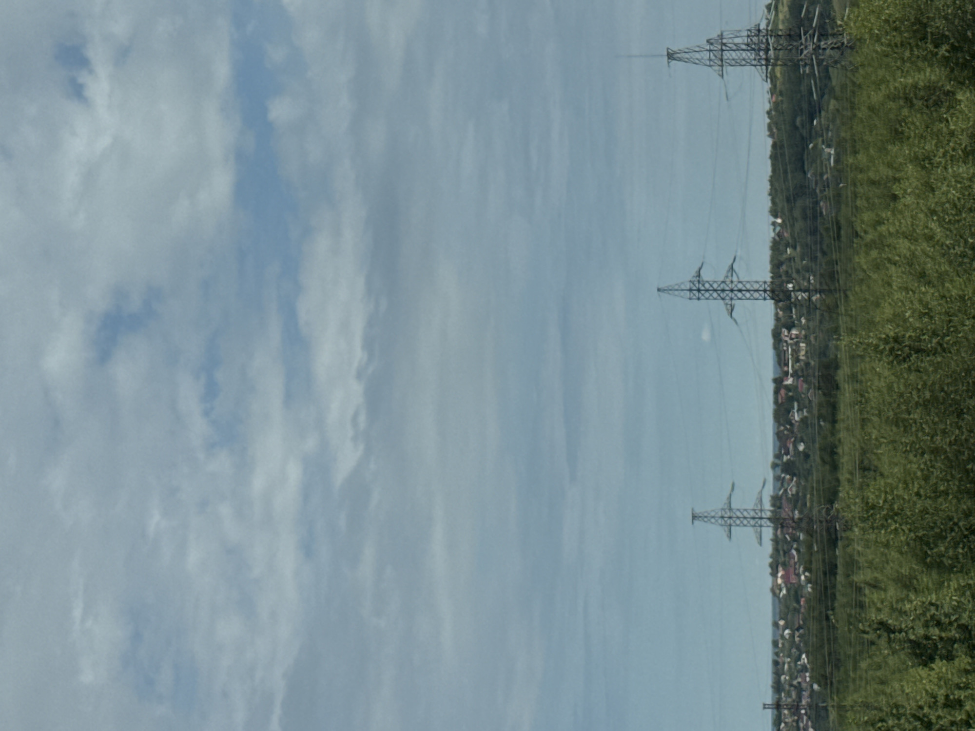 The image captures a panoramic view of the outskirts of Ankudinovka, Russia, under a cloudy sky. In the foreground, lush green trees form a dense canopy. Behind the trees, a suburban landscape unfolds, characterized by a cluster of houses with red and gray roofs nestled amongst rolling hills. Three towering electrical transmission towers stand prominently in the mid-ground, their lattice structures silhouetted against the sky. These towers are interconnected by high-voltage power lines that stretch across the scene. The sky is a mix of soft blues and grays, with scattered clouds adding texture to the atmospheric backdrop.