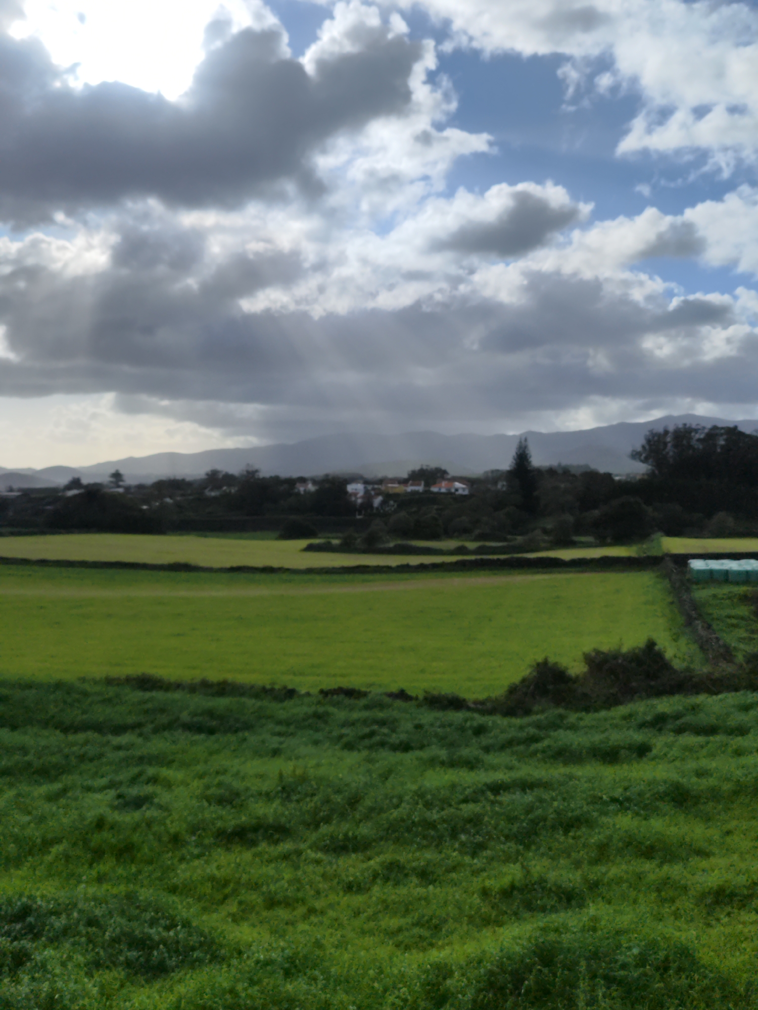 The image depicts a rural landscape in Ribeira Grande, Portugal. The foreground features a field of dense green grass. Beyond this, there is a flat green field divided into sections. A dark hedge separates the field from a background area with houses and trees. In the distance, there are low mountains under a sky filled with mixed dark and light clouds, with some sun rays shining through. Several bales of hay lie on the right of the green fields.