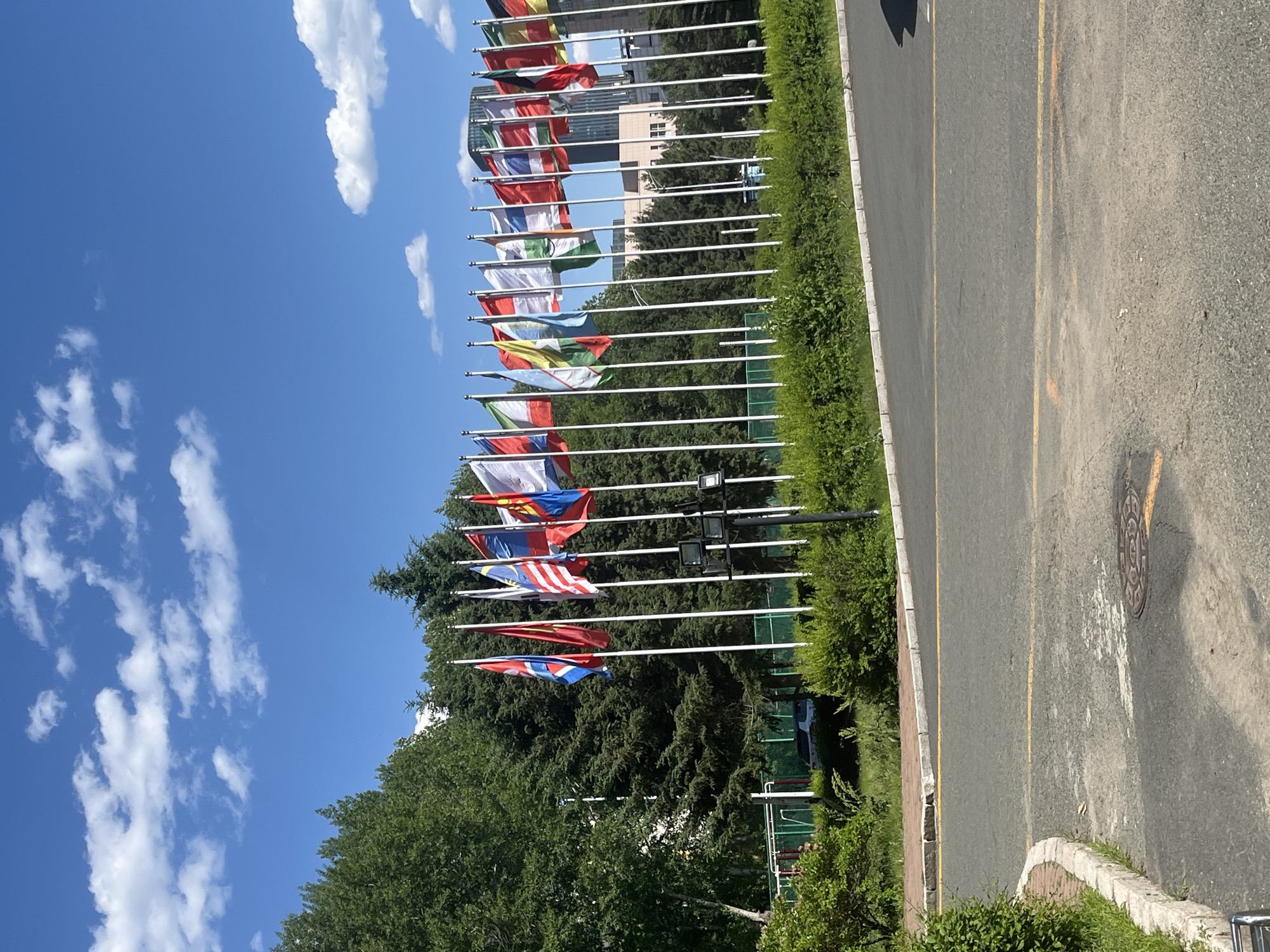 The image depicts a row of international flags waving from flagpoles along a street in Changchun City, China. The flags are diverse, indicating a location representing multiple nations, possibly a consulate or international zone. The sky is blue with scattered white clouds. Adjacent to the flags is a green hedge and trees, separating the flags from the road. The road is asphalt with yellow lane markings and a manhole cover. A building is visible in the background behind the flagpoles.