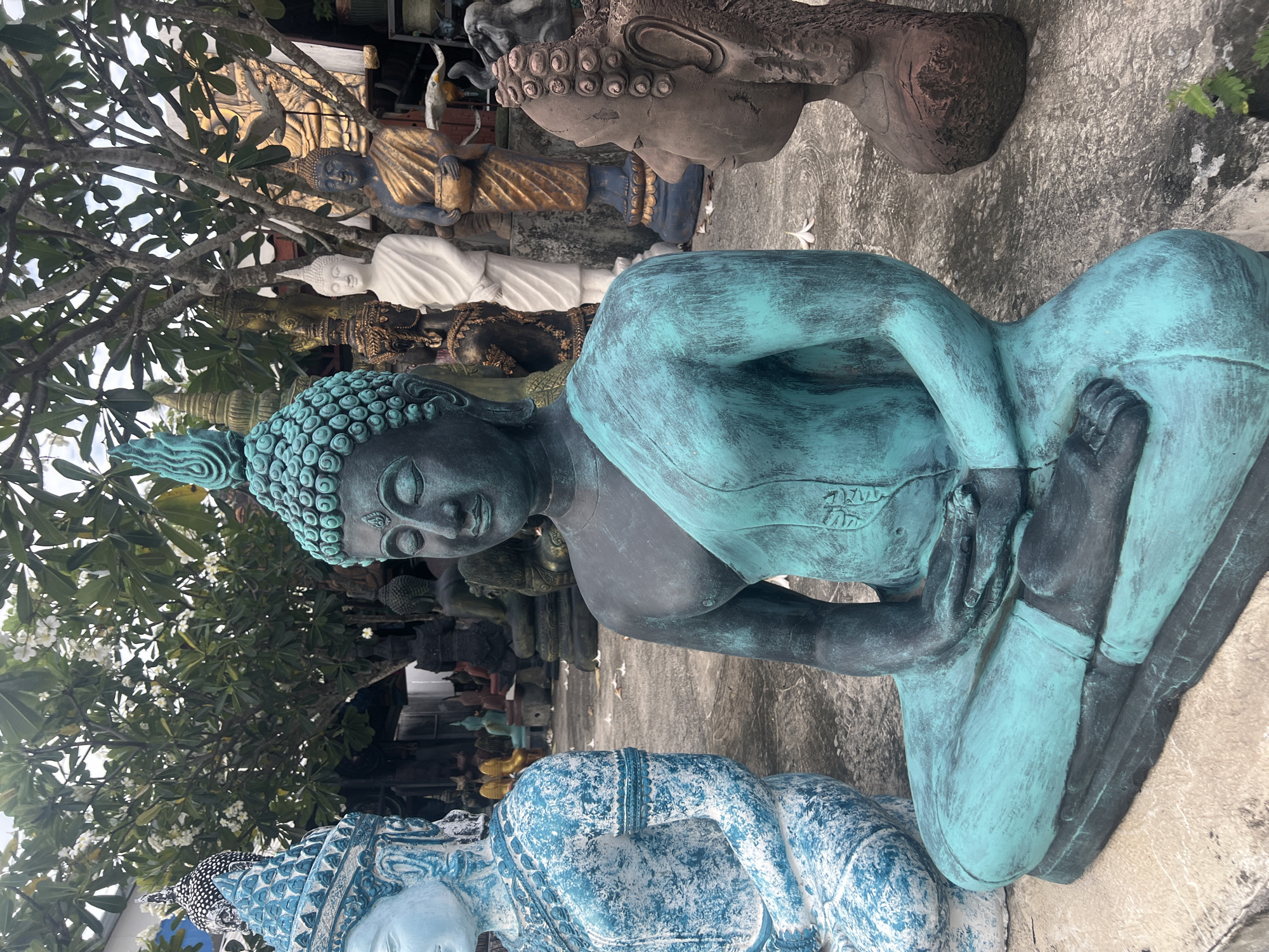 In Ko Samui District, Thailand, an outdoor display features numerous Buddha statues of varying sizes and colors. The foreground is dominated by a large, teal-colored Buddha statue in a meditative seated posture. To the left, a portion of a blue and white speckled Buddha statue is visible, also in a seated position. To the right, a rough-hewn, reddish-brown Buddha head is depicted in profile. In the background, a variety of other Buddha statues are arranged, including a tall white statue, a gold-colored statue, and several dark statues. Lush green foliage and flowering trees provide a natural backdrop, with some fallen white flowers scattered on the concrete ground. The overall scene suggests a religious or decorative garden setting.