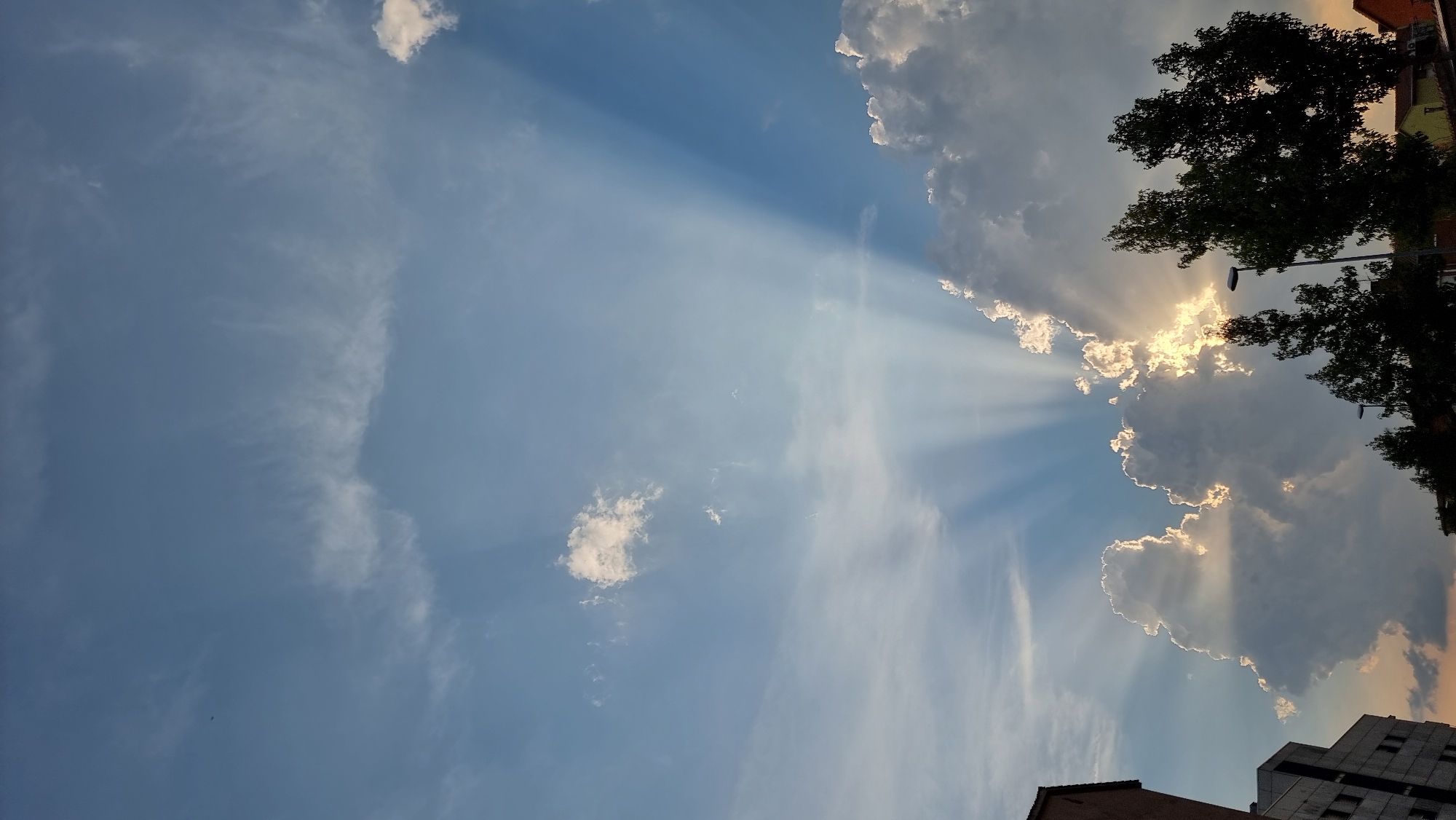 This is a vertical, eye-level, medium shot of a sunset sky over the city of Sant Joan Les Fonts, Spain. The sky is a mix of blue and white, with dramatic sunbeams piercing through the clouds. The sun itself is partially obscured by large, fluffy clouds, creating a halo effect around them. The sunbeams radiate outwards, creating a sense of depth and drama in the sky. In the foreground, the silhouettes of trees and buildings can be seen against the bright sky. The buildings appear to be residential, with windows and balconies visible. The trees are lush and green, with some of them reaching up towards the sky. A street light can be seen among the trees. The overall impression is one of a peaceful and beautiful evening in a Spanish city.