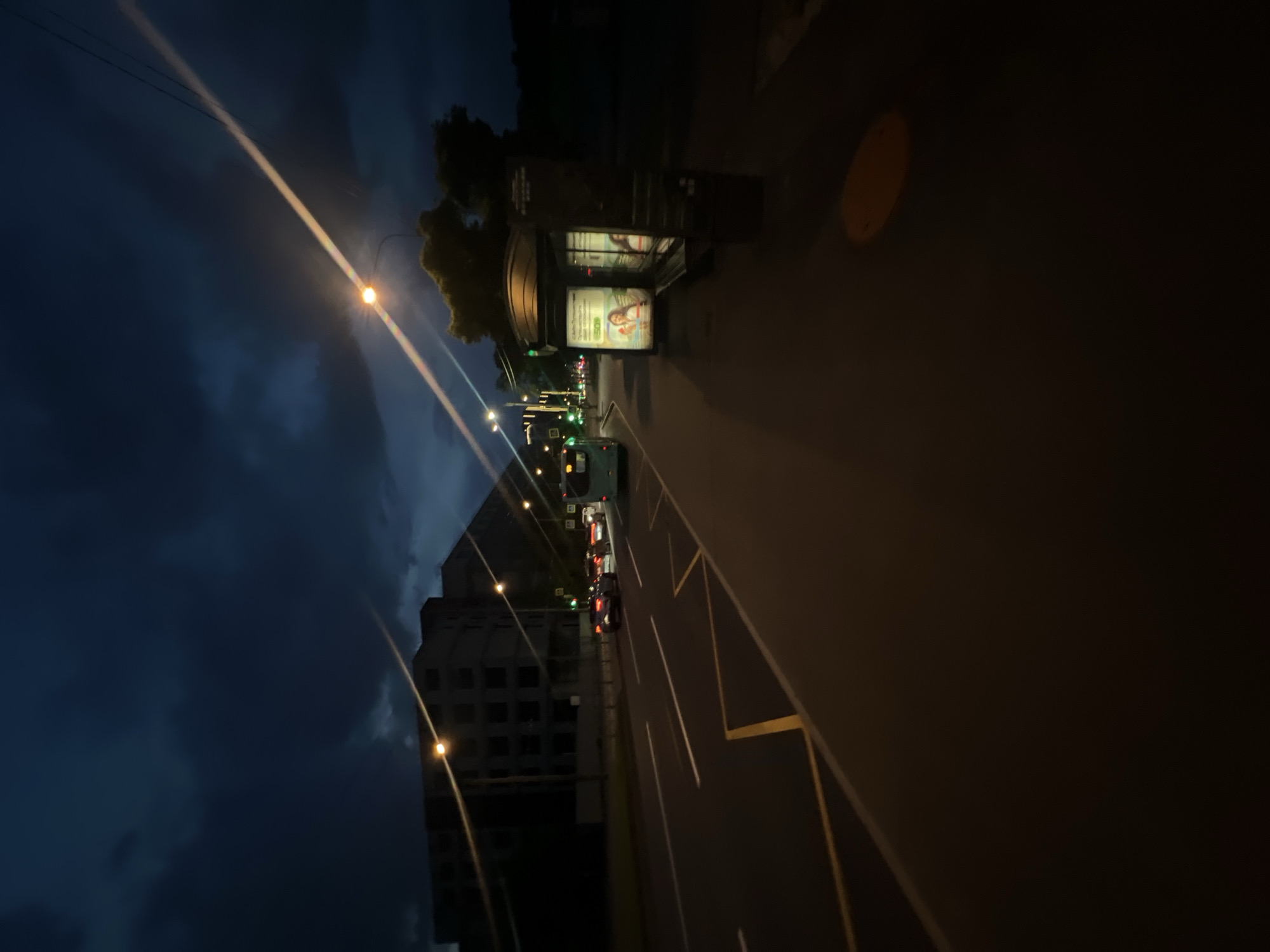 The image presents a nighttime urban street scene in Saint Petersburg, Russia, under a dark, cloudy sky. The perspective is from a pedestrian area adjacent to a roadway.
On the immediate right, a dark bus stop shelter with a curved roof is visible. The shelter features two illuminated advertising panels; the front-facing panel clearly displays an advertisement with a smiling woman's face and Cyrillic text, including "СКИДКА" (Skidka - Discount), the number "50", and "СЕЙЧАС" (Seichas - Now). A dark bench is integrated into the shelter. On the ground directly in front of the bus stop, a circular, orange-brown utility cover is discernible.
To the left of the bus stop, a multi-lane asphalt road extends into the distance. The road is marked with clear white dashed and solid lines, as well as yellow diagonal stripes indicating a designated bus stop area on the rightmost lane. Several vehicles are present: a light-colored city bus with its rear visible occupies the bus stop lane, and behind it, multiple cars with illuminated red taillights and some with visible headlights are queued in traffic. Green traffic lights are visible further down the street. The road is bordered by a sidewalk or median strip on the left, featuring evenly spaced streetlights that cast bright, elongated lens flares across the upper portion of the image.
In the mid-ground on the left, behind the streetlights, a large, multi-story building with a dark, uniform facade is visible. It features numerous empty, rectangular window openings, suggesting it may be under construction or abandoned. Dark silhouettes of trees are positioned on the right side of the road, behind the bus stop, contrasting with the slightly lighter dark blue sky near the horizon.