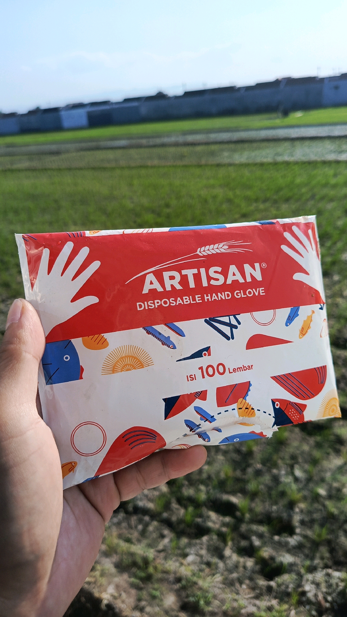 A hand holds a package of "ARTISAN DISPOSABLE HAND GLOVE" in front of a blurred background of green fields and a distant concrete wall. The package is primarily red and white with various graphic designs, including stylized hands, fish, and abstract shapes. Text on the package reads "ARTISAN," "DISPOSABLE HAND GLOVE," and "ISI 100 Lembar." The image is captured outdoors under natural light, likely in a rural or semi-rural setting. The specific location is identified as the city of Babadan, Indonesia.