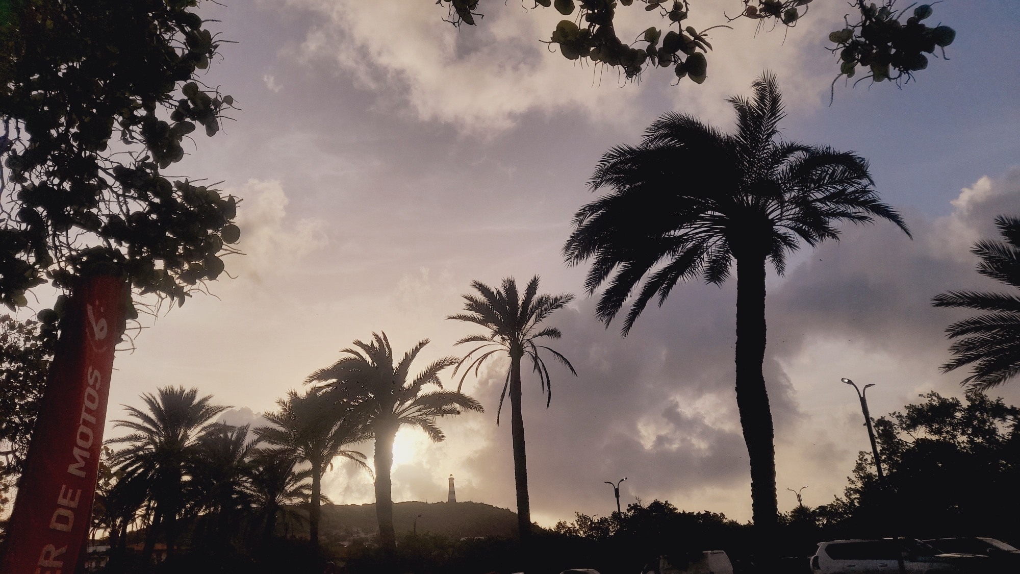 The image depicts a silhouetted landscape of palm trees against a dusky sky, with a lighthouse visible on a distant hill. The scene is located in Pedro González, Venezuela. In the foreground, a red pole with white lettering, partially obscured by foliage, reads "ER DE MOTOS." Several palm trees are silhouetted, with one tall palm tree dominating the center-right of the frame. The sky is filled with scattered clouds, with the sun setting or rising, casting a soft, diffused light. A small lighthouse stands atop a hill in the distance, its beacon unlit. The lower portion of the image shows a darker silhouette of vegetation, streetlights, and the roofs of a few vehicles. The overall atmosphere is serene and tropical.
