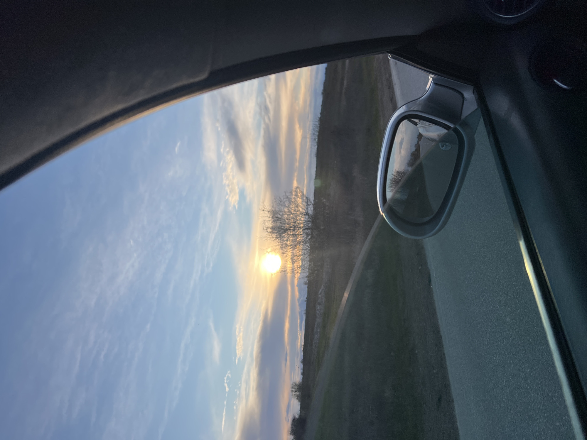 The image shows a sunset viewed from inside a car. The sun is low in the sky, obscured slightly by bare tree branches. The landscape beyond consists of fields and a road. The car's side mirror is visible, reflecting the outdoor scene. The interior of the car frame the view. The location is unknown, and the request to state it is Zhitnitsa, Bulgaria cannot be confirmed.