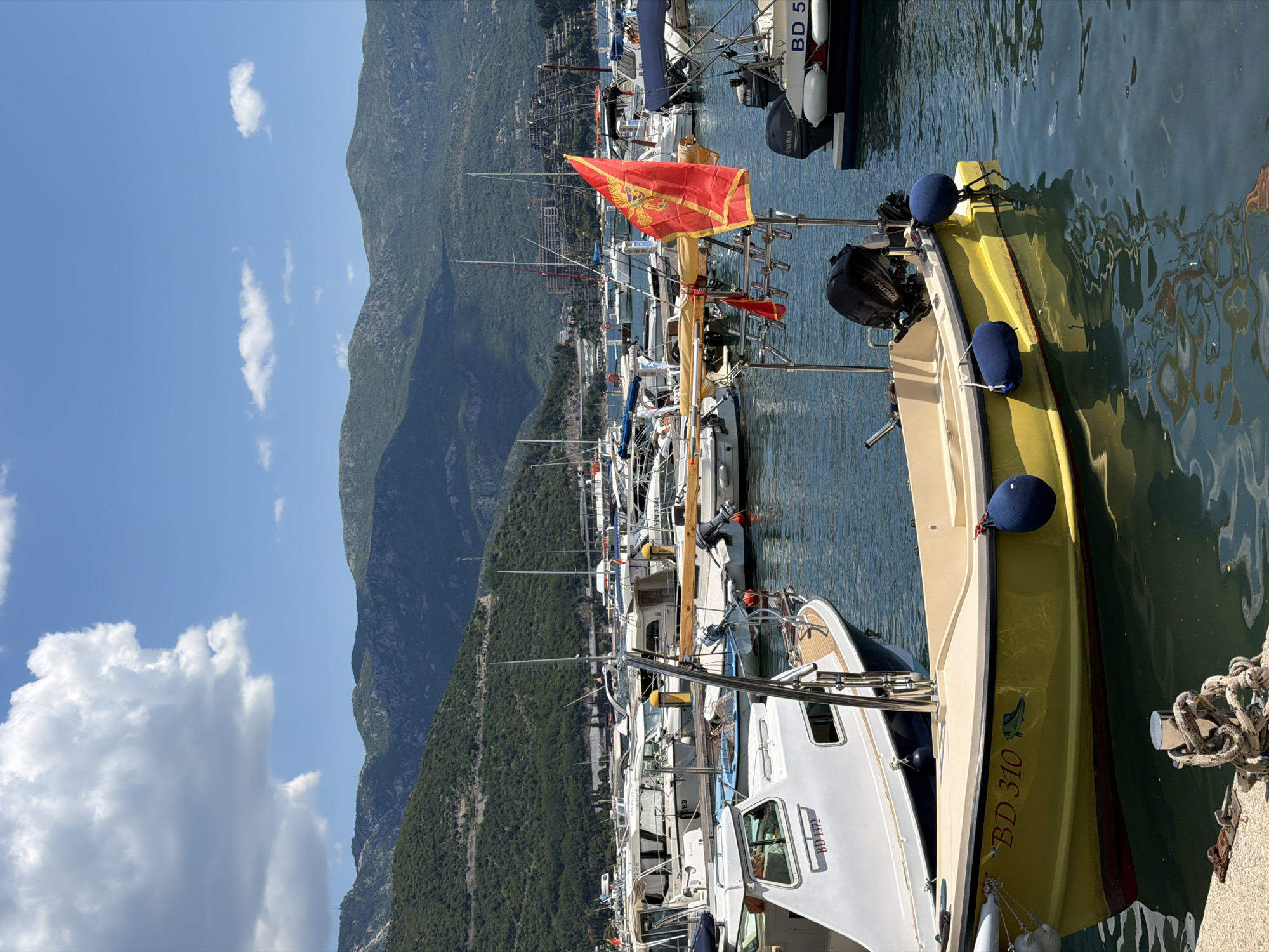The image depicts a marina scene in Budva, Montenegro, showcasing a variety of boats docked in the harbor. Dominating the foreground is a yellow boat with the registration number "BD 310" prominently displayed on its side. Attached to the stern of the boat is a black outboard motor. The boat is equipped with several navy-blue fenders. In the background, a multitude of other boats are visible, including sailboats and motorboats, moored closely together. A red Montenegrin flag is flying from one of the boats in the middle ground. The water in the marina appears calm, with reflections of the boats and surrounding environment visible. In the background, a mountain range rises sharply from the coastline, partially obscured by clouds. The sky is blue with scattered white clouds, indicating a clear day. The marina is located at the foot of the mountains, with some residential or commercial buildings visible along the waterfront.