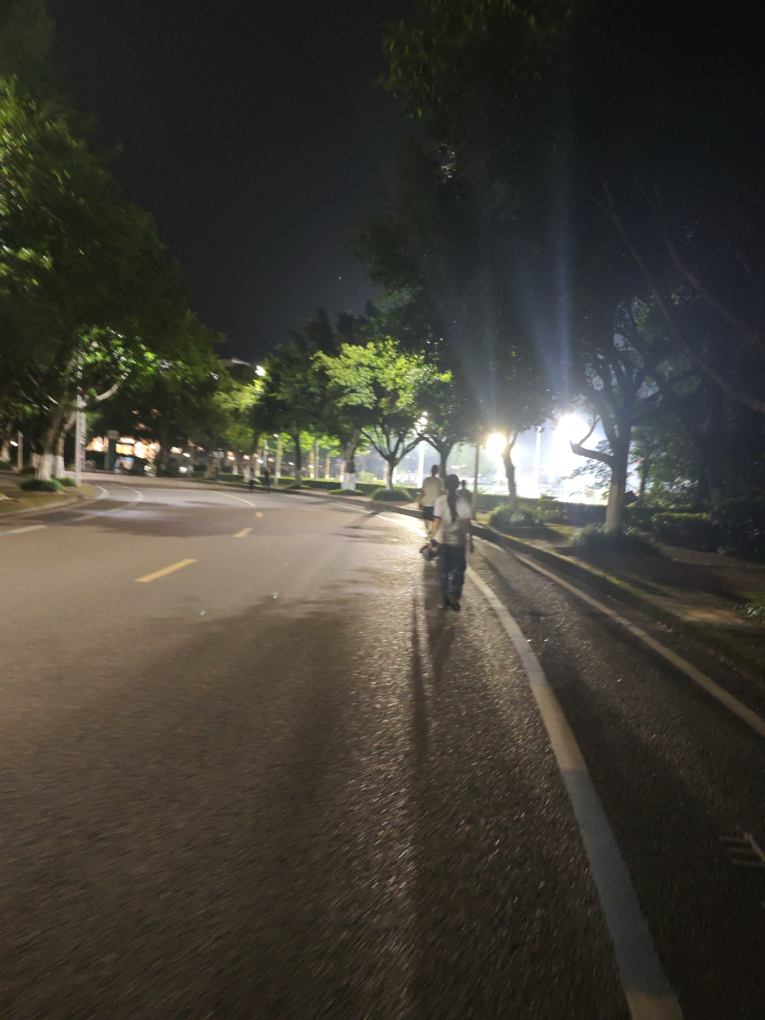 At night, a person wearing a white shirt and dark pants is walking on a wet asphalt road lined with trees and streetlights. The road has yellow dashed lines. Two other individuals are walking ahead of the person in the foreground. The scene appears to be a city park or a tree-lined street in a developed area, possibly in the Chongqing High-tech Zone, China, suggested by the presence of well-maintained infrastructure and lush greenery. The lighting suggests artificial illumination from street lamps and possibly buildings in the background.