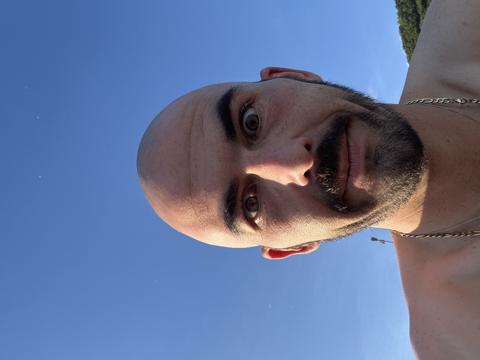 The image is a close-up selfie of a bald man with a beard against a clear blue sky. He appears to be outdoors. A gold chain is visible around his neck. The location is Prijevor, Montenegro.