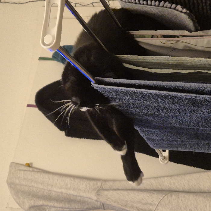 A black and white tuxedo cat is perched precariously on a laundry drying rack laden with folded clothes and towels. The cat's head and torso are mostly hidden among the soft materials, with its white whiskers prominently displayed. One paw, adorned with a white "sock," dangles playfully over the edge. The rack, with its white plastic supports, appears to be attached to a white wall. A partially visible gray hoodie hangs beneath the rack.