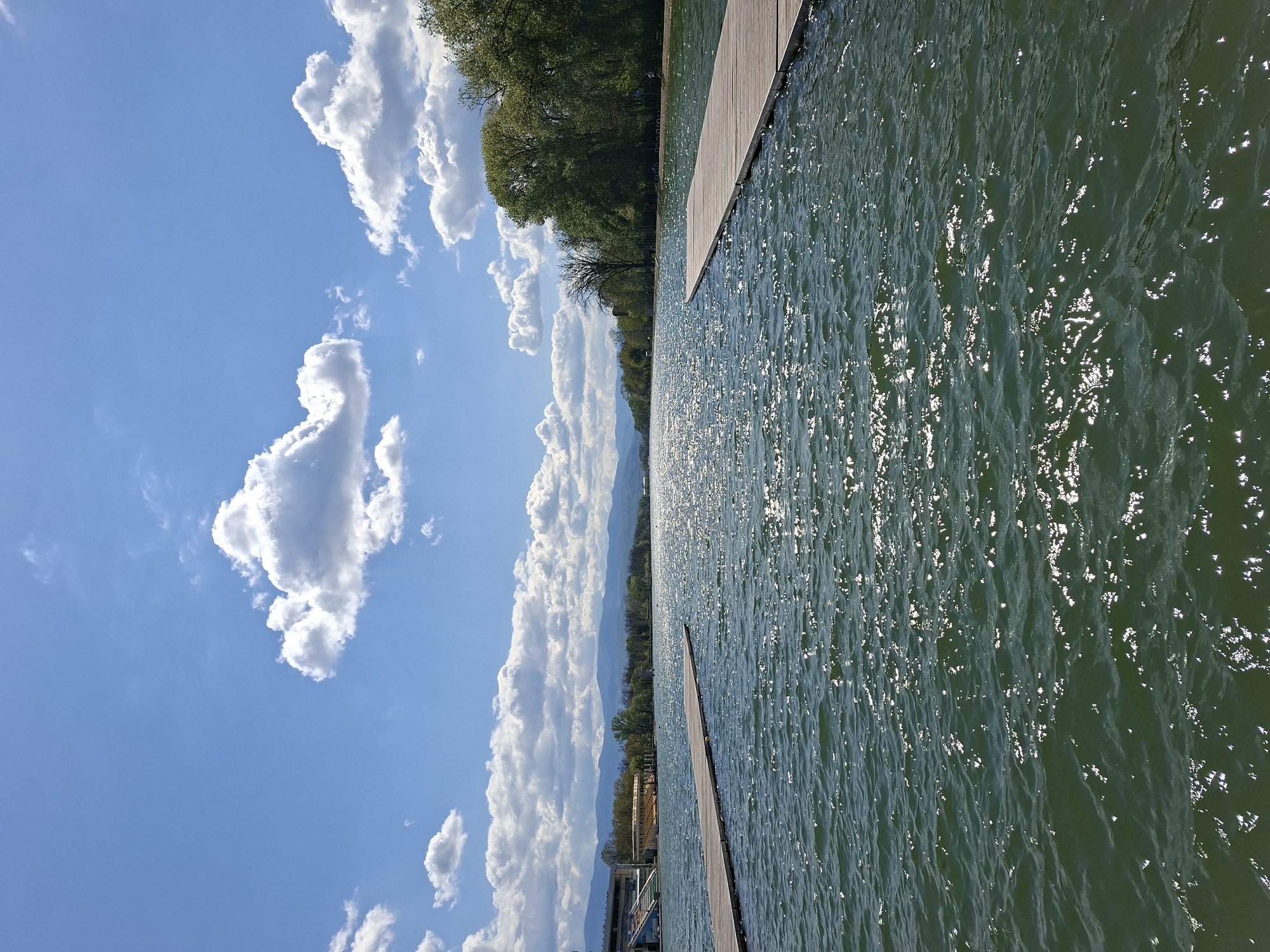A landscape-oriented photograph captures a serene outdoor scene, likely a lake or reservoir, with a focus on natural elements and a man-made structure. The main subjects include a body of water, a wooden pier, a tree-lined shore, distant mountains, and a blue sky with clouds.
In the foreground and mid-ground, a wooden pier, constructed from light-colored planks, extends from the right side of the frame into the middle distance. To its left, a calm body of water with a distinct greenish hue stretches across the scene. The water surface is dappled with numerous bright, sparkling reflections of sunlight, indicating a sunny daytime. Small ripples are visible on the water.
Beyond the water, a dense line of lush green trees forms the distant shoreline, suggesting a vibrant natural environment. In the far background, a range of mountains with a hazy blue-grey appearance stretches across the horizon, complementing the natural vista.
The upper portion of the image is dominated by a clear, bright blue sky dotted with scattered, fluffy white cumulus clouds of various sizes. The overall impression is one of peacefulness and natural beauty on a bright, clear day. No people or visible text are present in the image. The scene is located in Plovdiv, Bulgaria.