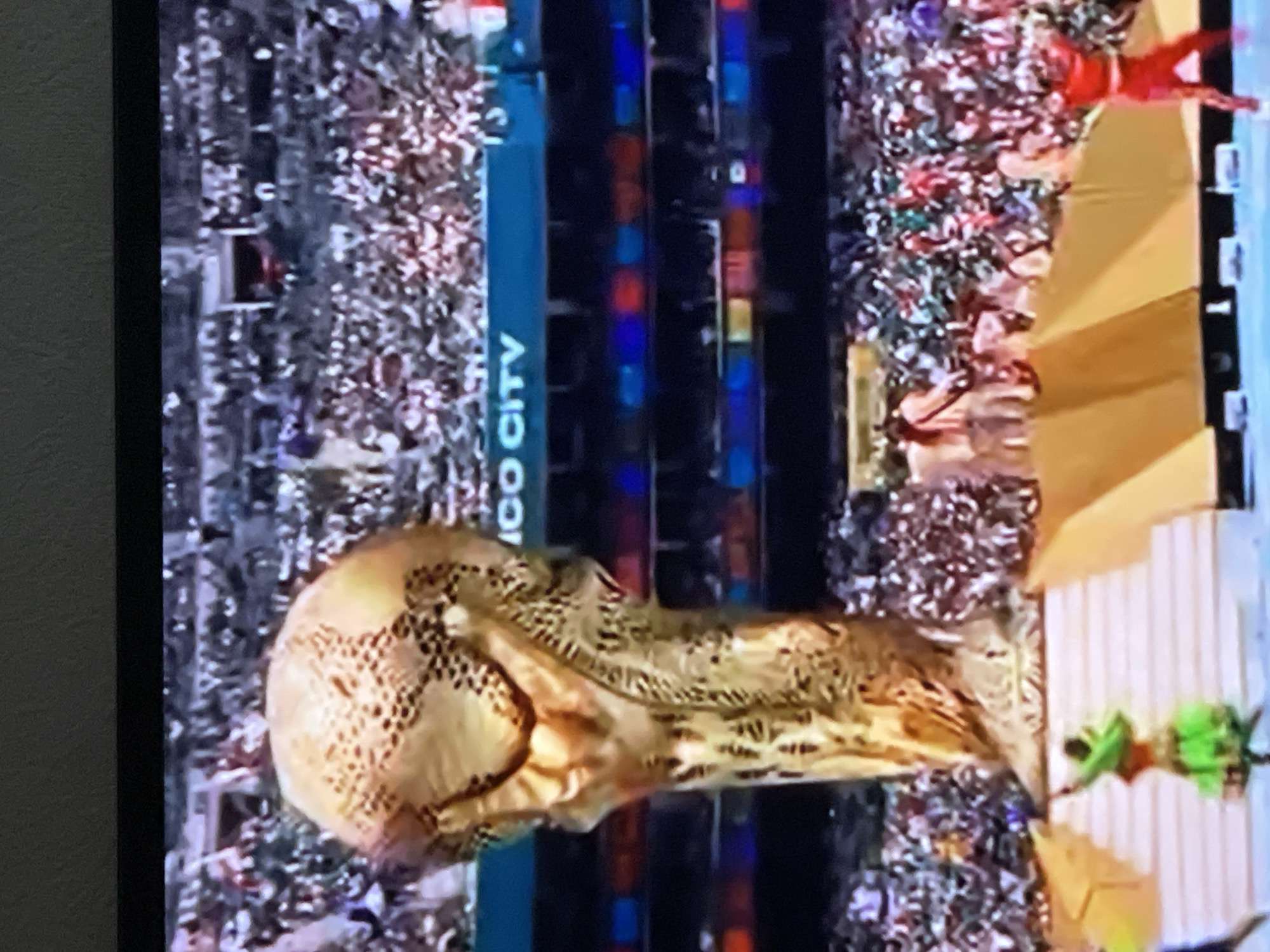 This is a photograph of a large golden trophy, resembling the FIFA World Cup trophy, prominently displayed on a stage in front of a stadium filled with spectators. The trophy is gold and has intricate details. On the stage below, several performers in colorful costumes are visible, some dancing. In the background, the stadium seating is packed with people, and there are banners with text that appears to read "ICO CITY". The scene suggests a celebratory event, possibly an opening or closing ceremony for a sporting event. While the text "ICO CITY" might imply a location, it is not possible to definitively determine the city of Moscow, Russia, from this image alone.