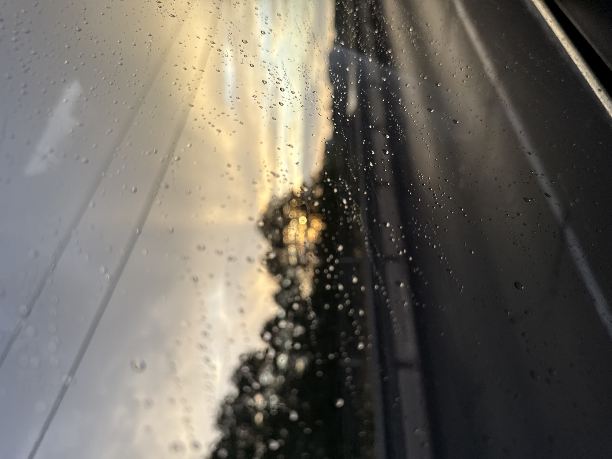 The image depicts a view through a car window, streaked with raindrops, looking out at a sunset over a highway. The sky is a blend of soft grey and warm yellow, with rays of sunlight piercing through the clouds. Silhouetted trees line the side of the road, their dark forms contrasting with the luminous sky. The highway itself is dark and wet, with faint reflections of the sky and trees. There are no people visible in the image. The context of Brest, Belarus, is not present in the visual data of the image.