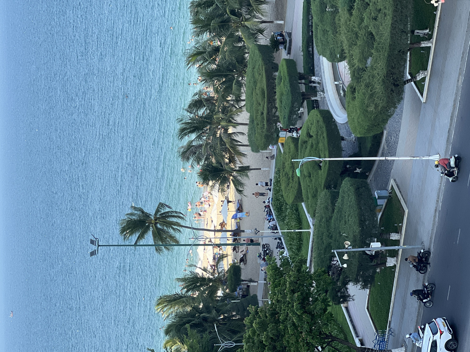 This image depicts a busy beach scene in Nha Trang, Vietnam, likely along Tran Phu Beach, a popular tourist destination. In the foreground, meticulously manicured green hedges create a park-like setting with paved walkways. Several people are seen seated or walking in this area. A light pole with multiple lights is visible. The midground features a sandy beach dotted with numerous white umbrellas and lounge chairs, indicating a recreational area. Many people are enjoying the water, swimming, or relaxing on the sand. Palm trees line the edge of the beach, providing shade and characteristic tropical scenery. In the background, the vast expanse of the blue ocean stretches to the horizon. A small boat can be seen in the distance on the water. The foreground also shows a street with several motorcycles and a white car parked along the curb, suggesting urban proximity to the beach. The overall scene captures a vibrant and lively atmosphere of a coastal city in Vietnam.