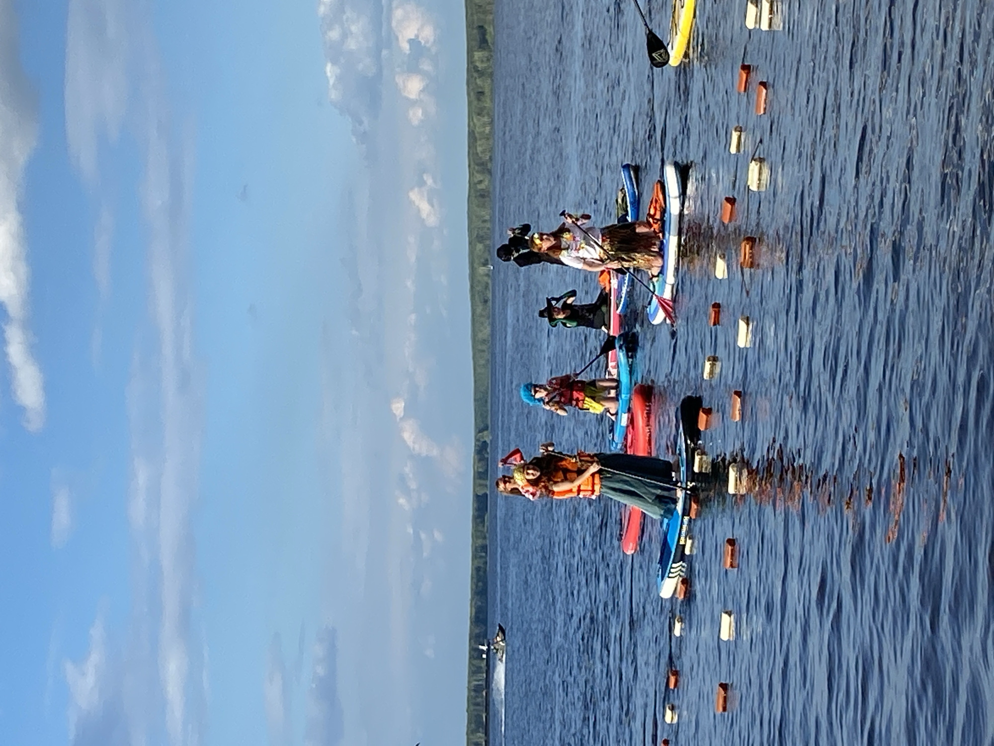 The image depicts a group of people on paddleboards in a body of water, possibly a lake or river. The water is blue with visible ripples and reflections. The sky above is a bright blue with scattered white clouds. A tree line is visible in the distance along the horizon.
The subjects are several individuals, some appearing to be adults and some possibly children, positioned on various colored paddleboards, including blue, red, and white. Some are holding paddles, suggesting they are actively paddling. One person is wearing an orange life vest, and another has on a blue head covering. Several people appear to be wearing novelty headwear, such as Mickey Mouse ears. The overall scene suggests a recreational activity or event taking place on a sunny day, likely in the late morning or early afternoon given the bright lighting. The presence of buoys or markers scattered in the water indicates a potential race or designated course. There is no visible text in the image. The setting appears to be an outdoor natural environment.