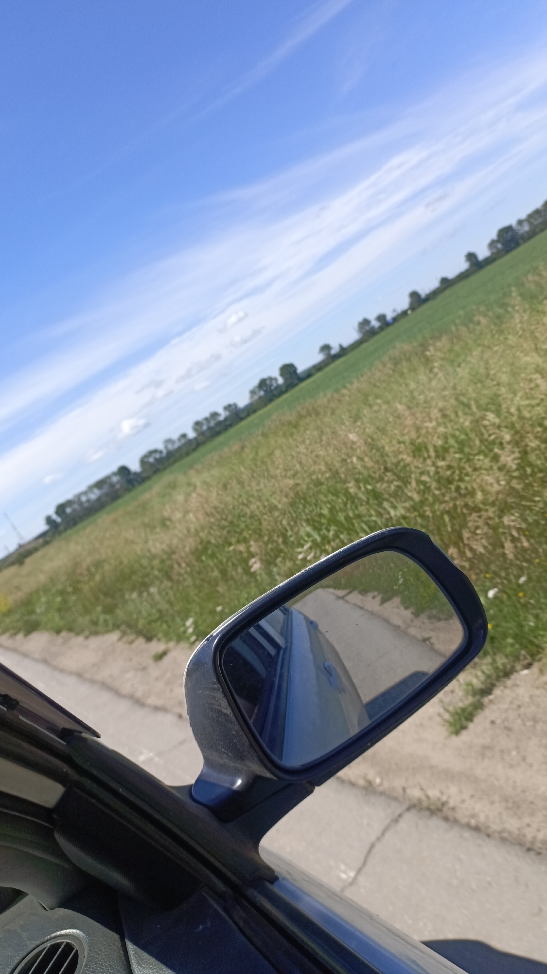 A side view mirror reflects a road and a field of tall grass. In the distance, a line of trees separates the field from a clear blue sky with thin, wispy clouds. The mirror is attached to the side of a dark blue car, with part of the car's interior visible in the foreground. There are no people or animals visible in the image. The scene appears to be in a rural or suburban area, possibly on the outskirts of Meget, Russia, given the presence of a road and open fields. The lighting suggests it is daytime, with the sun likely positioned to the right of the frame, casting shadows from the car.