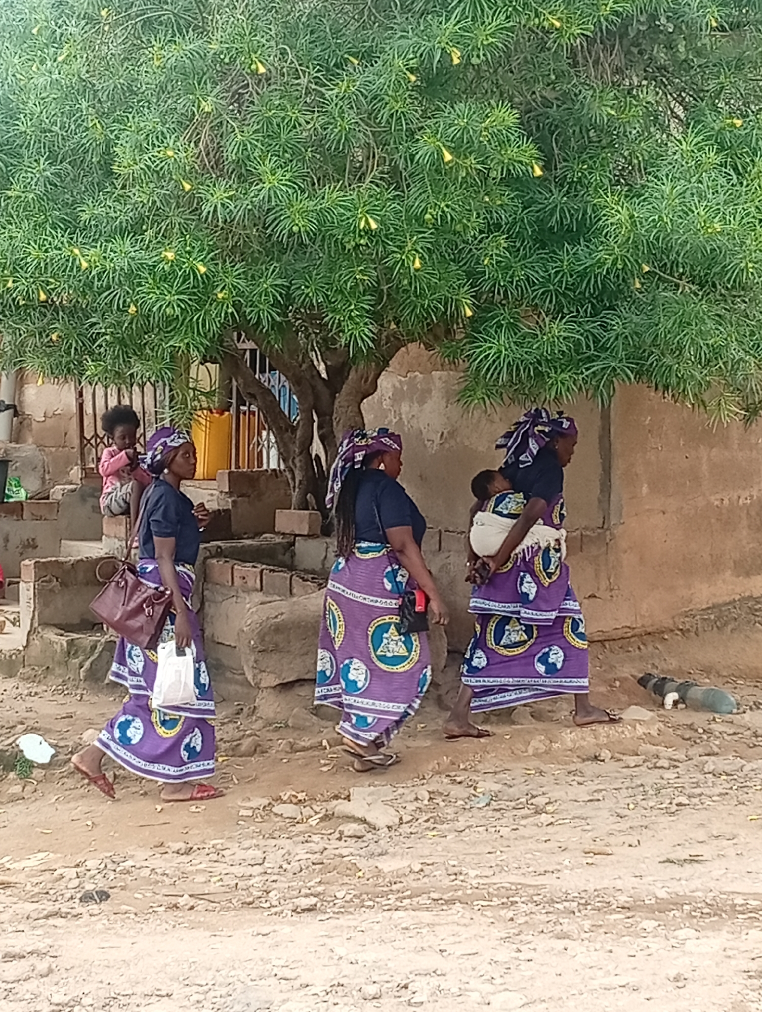 In Jos, Nigeria, three women in traditional purple patterned skirts and headscarves walk along a dirt path lined with sparse vegetation and a rough stone wall. The woman in the foreground, on the left, carries a brown handbag and a white plastic bag. The middle woman carries a baby on her back, wrapped in a light-colored cloth. The third woman, on the right, also carries a baby on her back. A young child sits on stone steps in the background. A large tree with yellow flowers overhangs the scene. A dog is visible in the background to the right, near a pile of objects.