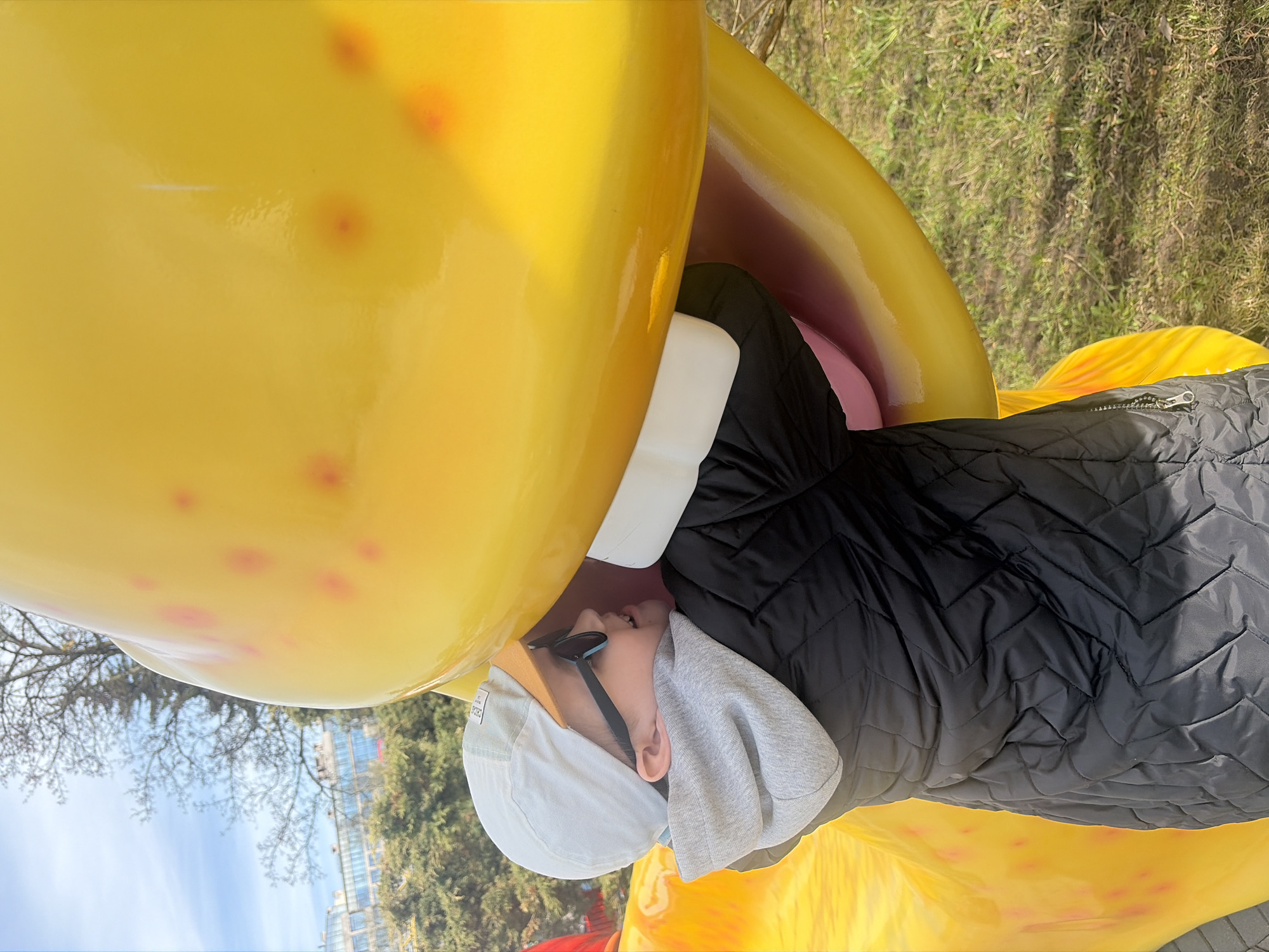 The image displays an outdoor scene in Saint Petersburg, Russia, centered on a child or young person playfully interacting with a large, vibrant yellow sculpture. The sculpture is highly reflective, featuring reddish-pink spots, and appears to be a stylized, abstract form with an opening that the person is positioned inside, resembling a mouth or a large fruit. A white support or cushion is visible behind the person's head within the sculpture.
The subject wears a black quilted puffer jacket over a grey hooded sweatshirt. They also have a light-colored baseball cap on their head with sunglasses perched on top. A faint, partially obscured text, possibly "SDCBG" or similar, is visible on the front of the cap. The person's face is turned slightly upwards, revealing a smile, indicating enjoyment or amusement.
The background shows green grass, suggesting a park or garden setting. Bare tree branches are silhouetted against a clear, light blue sky, implying daytime during a cooler season such as late autumn or early spring. Distant buildings are also visible, hinting at an urban or suburban location. The overall atmosphere of the image is bright and cheerful.