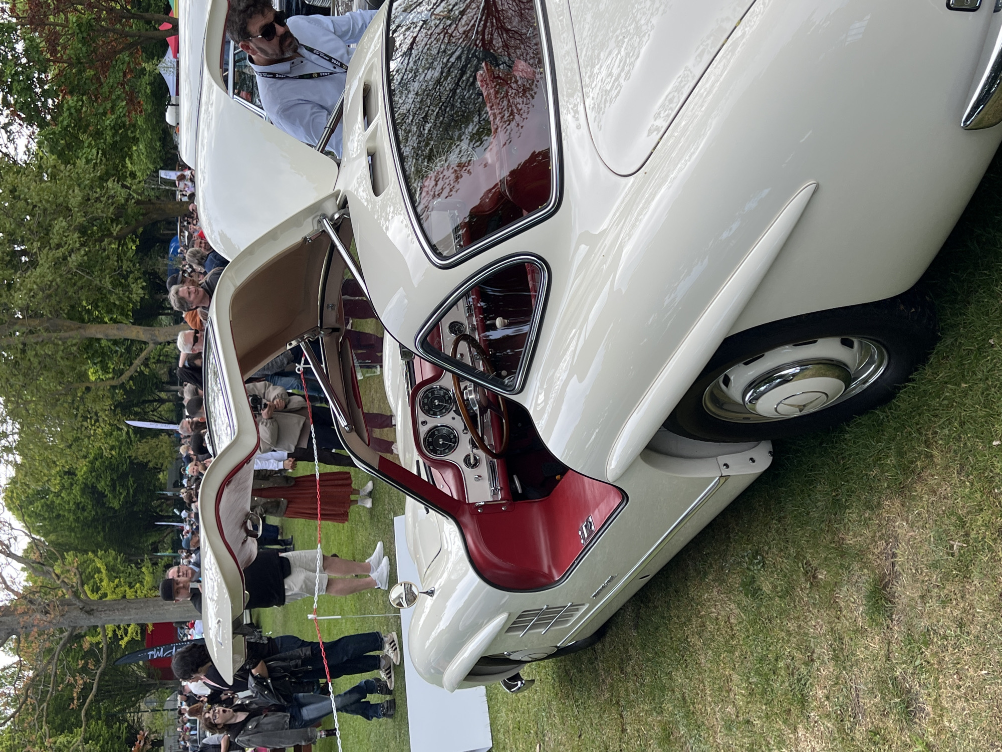 The image shows a white Mercedes-Benz 300SL "Gullwing" coupe with its iconic gullwing doors open, parked on a grassy lawn. The interior of the car is red. People are standing around the car, observing it. There are trees in the background and a crowd of people further back. The image was taken outdoors, likely at a car show or similar event. The precise location within a city is unknown based on the given information.