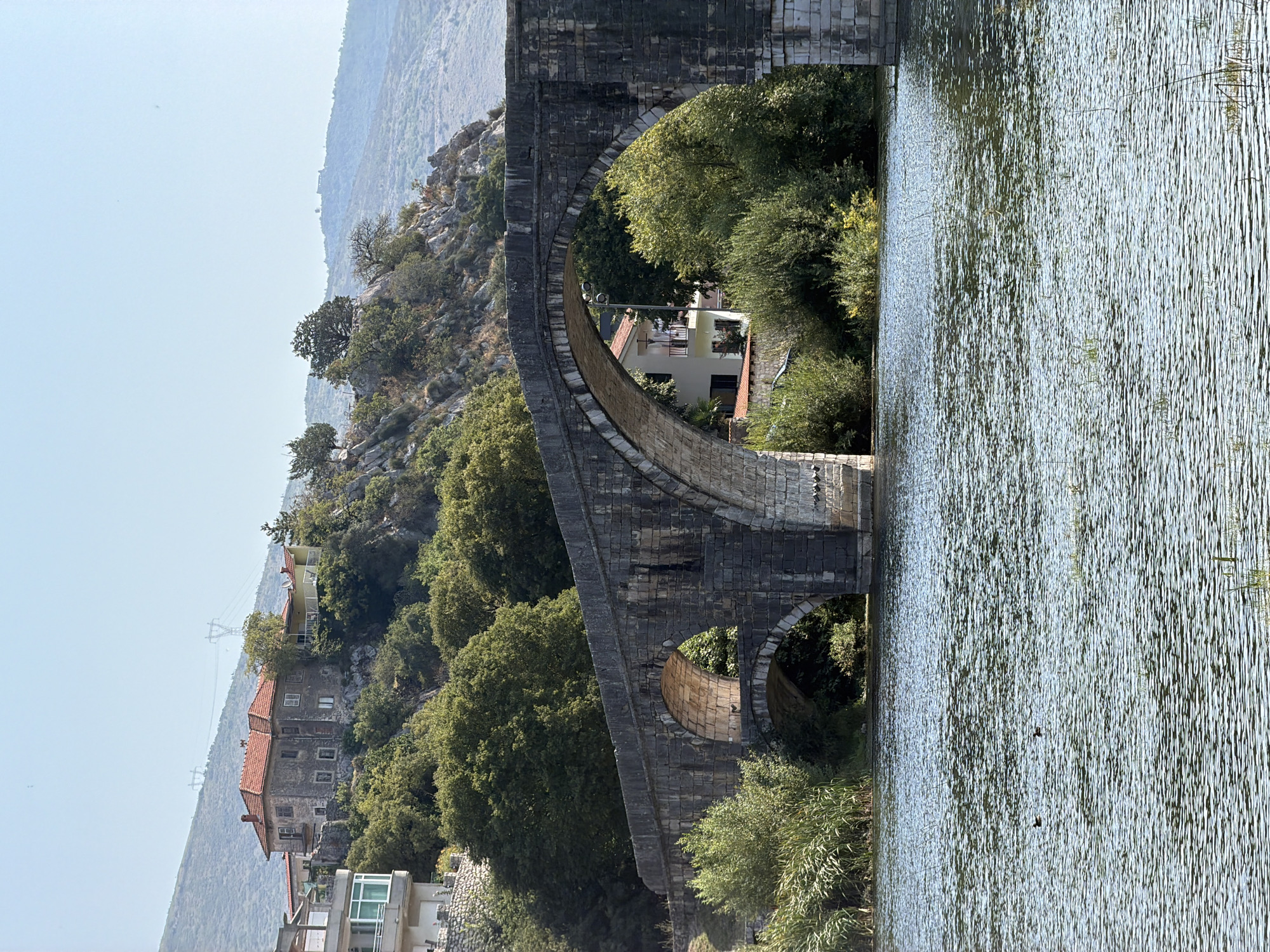 An old stone bridge with multiple arches spans a calm, rippling body of water. The bridge, constructed of dark, weathered stones, exhibits varying arch sizes, with the largest in the foreground and a smaller one visible behind it. Lush green trees and vegetation grow along the banks of the water and climb the rocky hillside behind the bridge. On the hillside, several buildings are visible, including a prominent structure with a red-tiled roof and multiple windows. The sky is clear and a pale blue, indicating a sunny day. In the distance, hazy hills form the backdrop to the scene. Two dark specks, likely birds, are present on the water in the foreground. The overall scene depicts a historic bridge and its natural surroundings in a scenic location. This bridge is the Arslanagić Bridge in Trebinje, Bosnia and Herzegovina, a renowned Ottoman-era stone bridge.