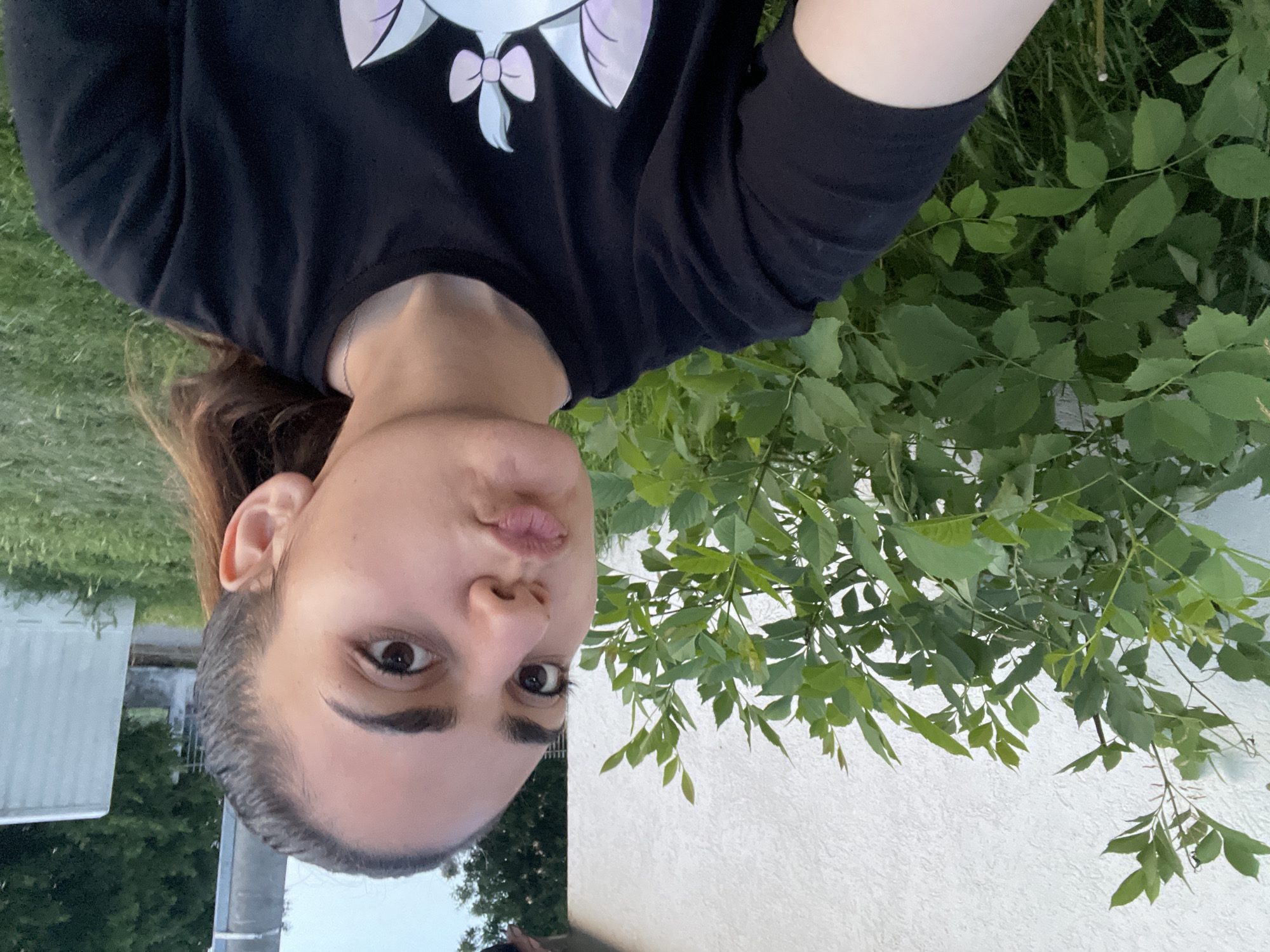 A young female subject is prominently featured in a close-up outdoor selfie, situated in Debelt, Bulgaria. She has dark brown hair pulled back, dark brown eyes, and is puckering her lips in a "duck face" expression while looking directly into the camera. She wears a black short-sleeved t-shirt with a light-colored graphic design on the chest, depicting stylized animal ears with a bow. A thin, silver-colored chain necklace is visible around her neck.
The background to her left consists of dense green foliage, appearing to be a shrub or small tree with numerous ovate leaves, some showing lighter new growth. Behind this foliage, a textured white stucco wall of a building is visible, with a dark, slightly overhanging roofline at the top left.
To the right of the subject, a tall, light-grey utility pole stands vertically. Behind the pole, a dark, thin metal fence is partially visible, and further to the right, a white, rectangular structure with an angled top edge is discernible against a backdrop of distant darker green trees. The ground in the foreground and to the right is covered with green grass. The sky, visible at the upper right, is a light blue, suggesting clear or lightly overcast conditions. The scene is illuminated by natural daylight, indicating an outdoor setting.