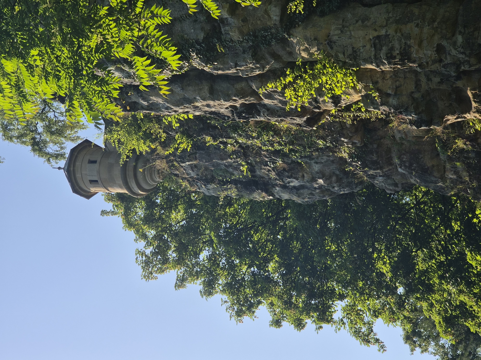 The image shows a stone tower perched atop a rocky cliff face, partially obscured by lush green foliage. The tower has a rounded base, tapers upwards, and features small rectangular windows. It is topped with a conical roof. The cliff is rugged and textured, with visible stratification and patches of moss and ivy growing on its surface. A large tree with dense green leaves is prominent to the left of the tower and cliff. The sky is clear and blue, indicating daylight. This scene is located at the Bock Casemates in Luxembourg City, Luxembourg, a historic fortification built into the city's rock face.