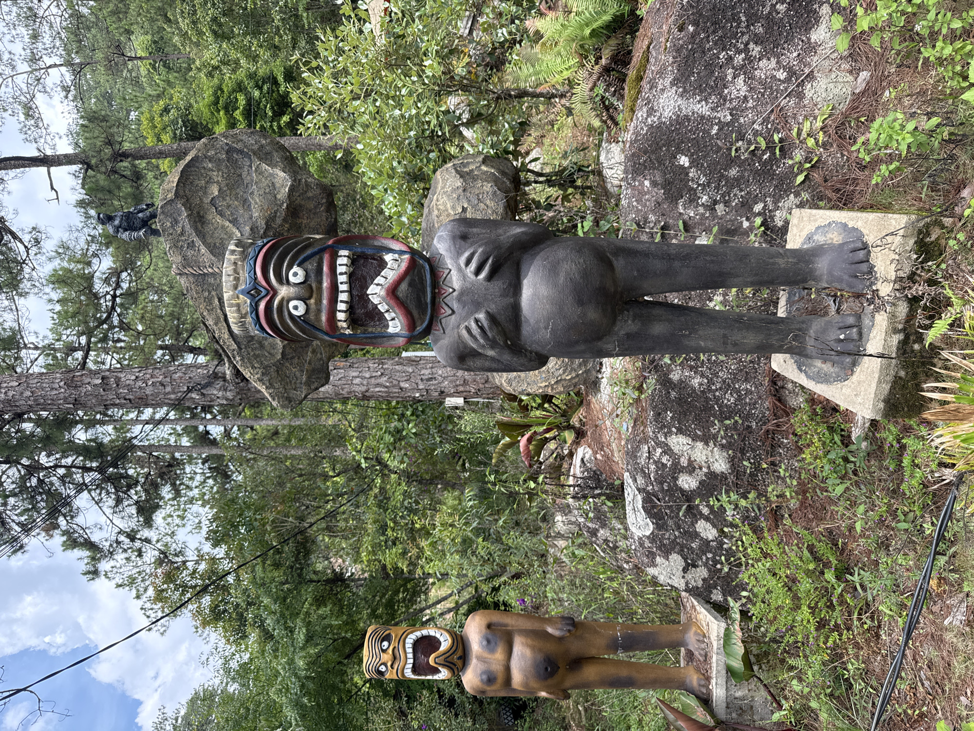 The image shows two tiki statues in a garden setting. The foreground statue is brown with a detailed face. The background statue is black with a red and white face and stands on a concrete platform. The statues are surrounded by greenery, rocks, and trees. Power lines are visible in the upper left corner. The statues are located in Lang Biang - Đà Lạt, Vietnam.