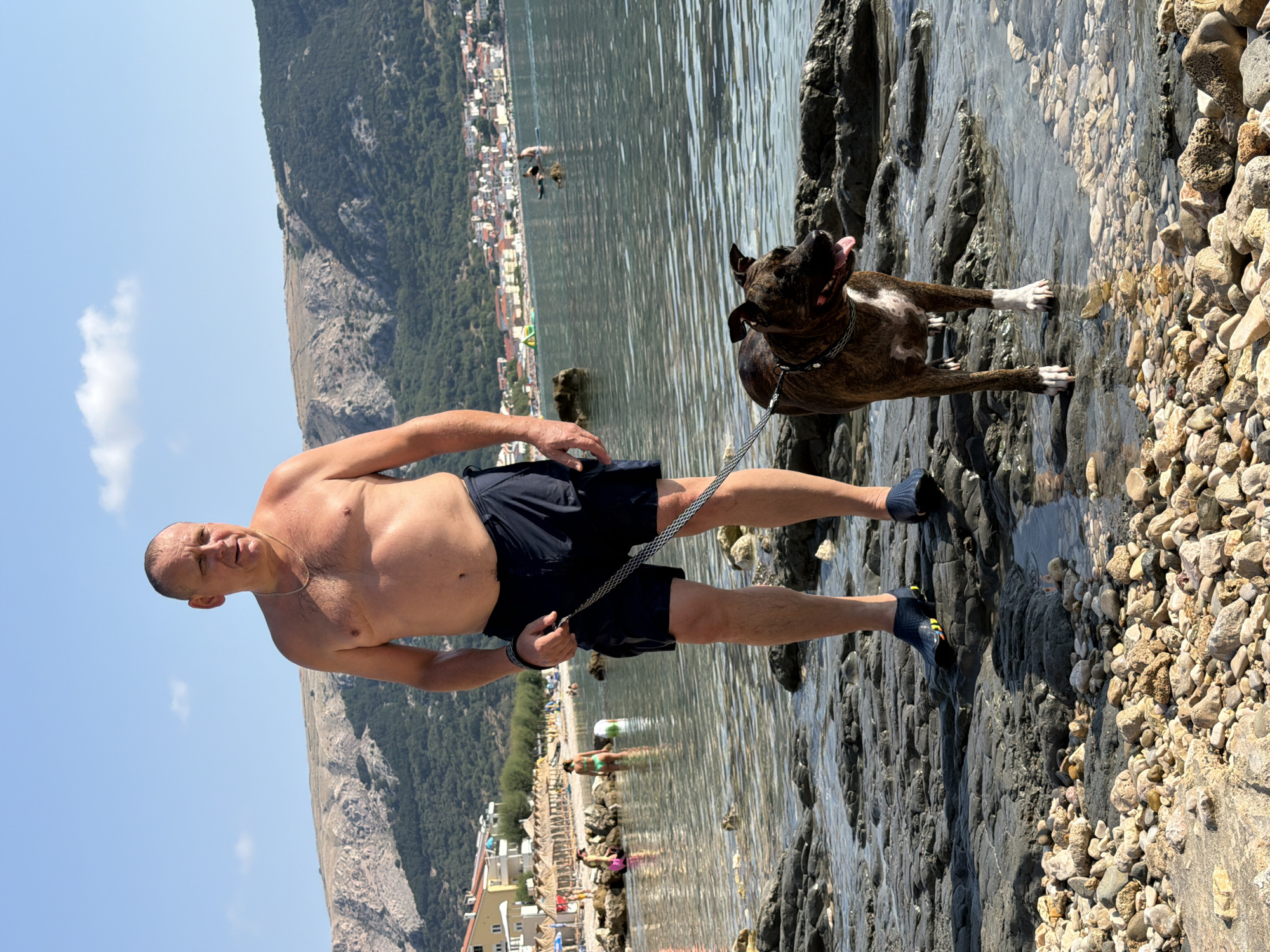 A shirtless, bald, middle-aged white man wearing dark blue shorts and dark blue water shoes stands on a rocky beach, holding the leash of a brown and white brindle pit bull terrier. The dog is looking to the right with its tongue out. Behind them, the calm, clear water of the Adriatic Sea reflects the sky and a distant shoreline with a town and hills. Several people are visible in the water and on the beach in the background, some of whom are sunbathing under umbrellas. The scene is set in Općina Baška, Croatia, a coastal municipality known for its beaches and scenic landscape.