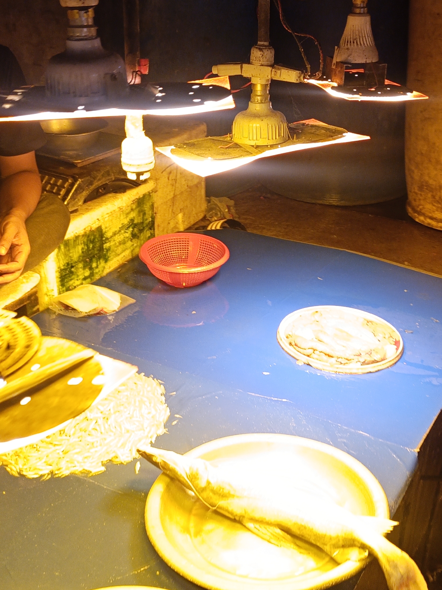 The image shows a fish stall in Dhaka, Bangladesh, illuminated by overhead lamps. In the foreground, a large fish lies on a plate, its body curved. To the left, a pile of small fish is spread out, and further left, a person's arm and hand are visible, suggesting they are involved in preparing or selling the fish. A red plastic basket sits on a blue surface, and next to it, a small plastic bag contains some white material. In the background, various items, possibly market goods or equipment, are dimly lit. The overall scene suggests a busy marketplace environment, with the strong artificial light casting harsh shadows.