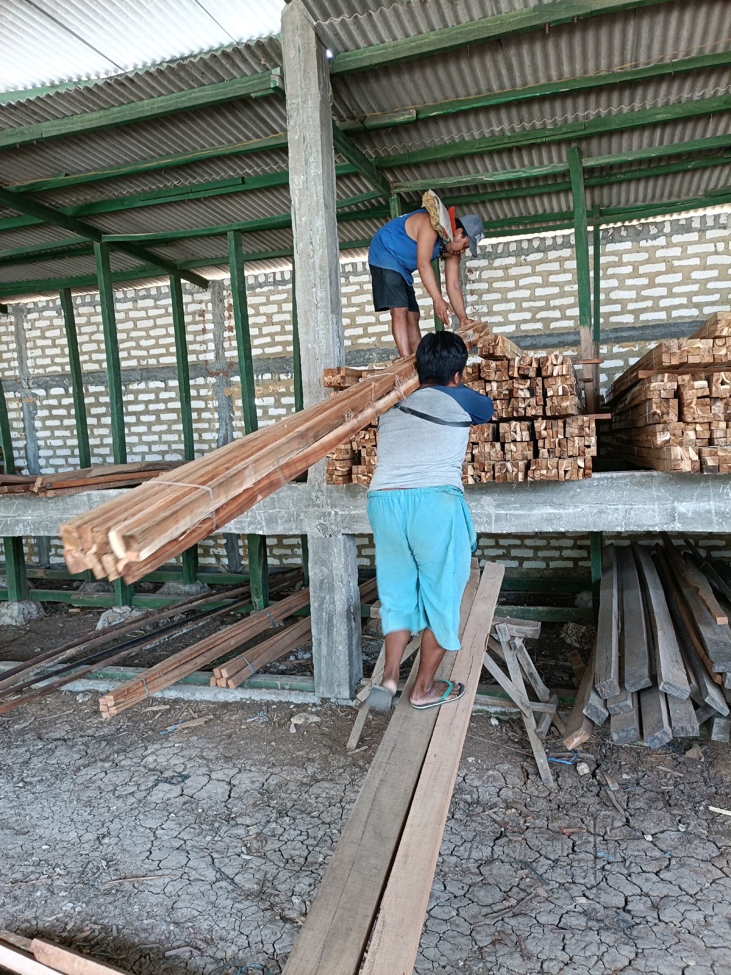 Two men are working in an outdoor workshop in Pordapor, Indonesia. The workshop has a corrugated metal roof supported by green metal beams and concrete pillars. The walls are constructed of white bricks. The ground is dry, cracked earth. In the foreground, a man wearing blue shorts and a grey t-shirt with a blue stripe on the sleeve is carrying a large bundle of wooden planks on his shoulder. He is standing on a narrow plank that is angled upwards, assisting him in reaching a higher level. Behind him, another man in a blue tank top and black shorts is standing on a concrete platform. He is facing away from the camera and appears to be assisting the first man, possibly by guiding the planks. Numerous stacks of wooden planks of various sizes are visible on shelves and on the ground, indicating that this is a lumber yard or woodworking facility.
