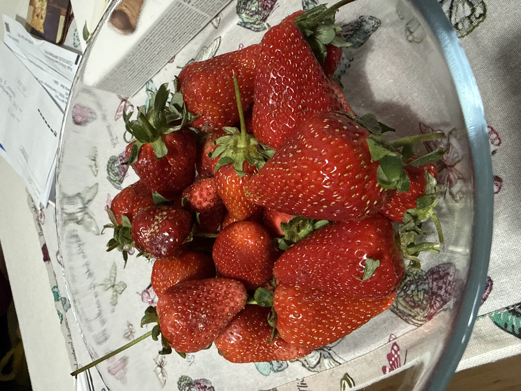 A clear glass bowl filled with ripe strawberries sits atop a patterned tablecloth, likely indoors. Several of the strawberries retain their green stems. A portion of a box or container is visible in the background, partially obscured by papers. The setting lacks detail to identify a specific location. Thus, it is not possible to determine the location to be Saint Petersburg, Russia.