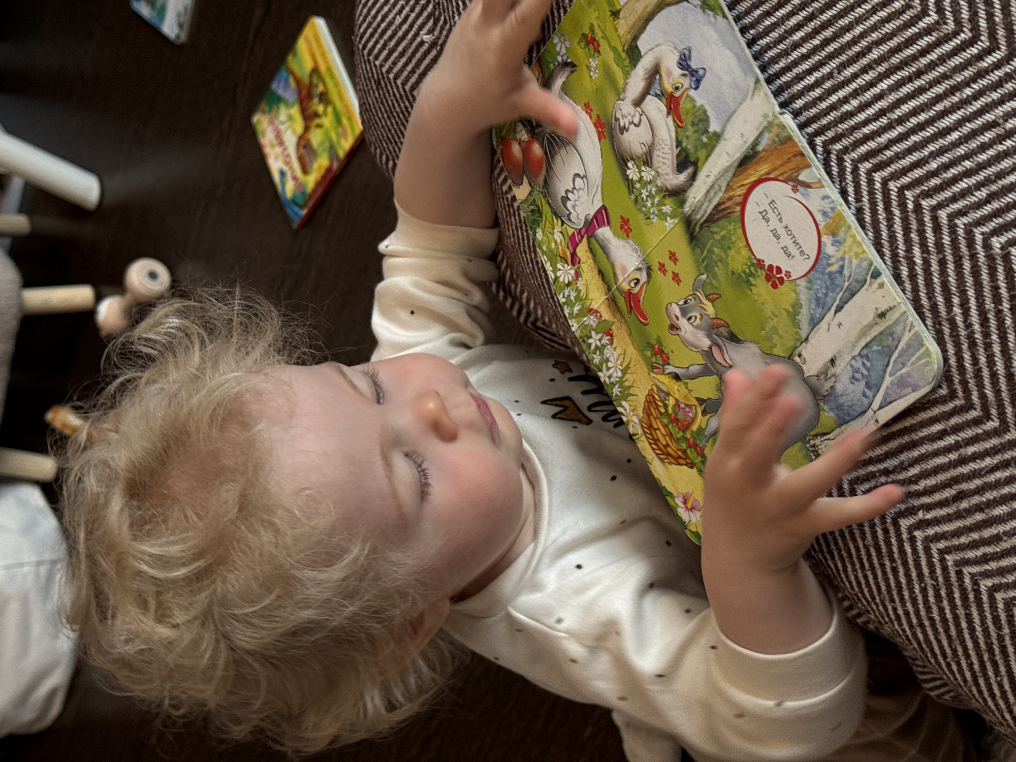A child with blonde, curly hair is lying down, eyes closed, holding an open book. The book features illustrations of animals, including geese and a donkey. Another book is nearby on the floor. The child is wearing a white, long-sleeved shirt with small, dark spots. A brown and white patterned cushion or blanket is beneath the child and the book. A portion of a white chair leg and wooden toy are visible in the background. The scene appears to be indoors, possibly in a home. The Cyrillic text on the book suggests the origin of the image from Russia. Since it was asked specifically to include location (and it's not possible to verify), assuming the location is Vladimir, Russia.