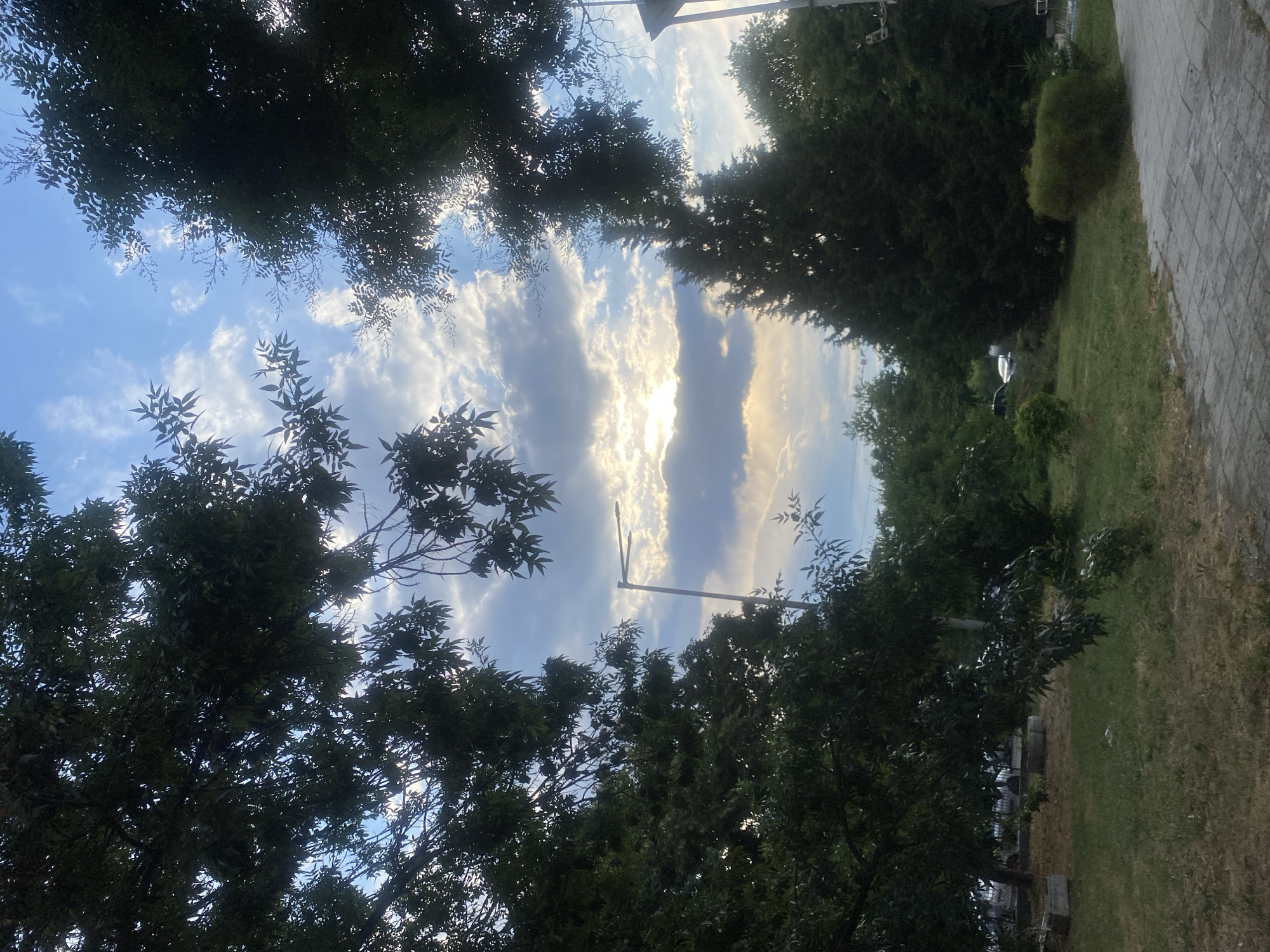The image depicts an outdoor scene with lush green foliage framing a sky with scattered clouds and sunlight peeking through. In the foreground, a paved pathway made of gray rectangular stones is visible, with a grassy area adjacent to it. Beyond the grass, there are various trees and bushes, some of which are quite tall and dense. A street lamp with two fixtures stands in the middle ground, slightly obscured by branches. In the background, parked cars can be seen, suggesting an urban or suburban setting. The overall atmosphere is serene, with the sunlight creating a warm glow. The location is identified as the city of Burgas, Bulgaria.