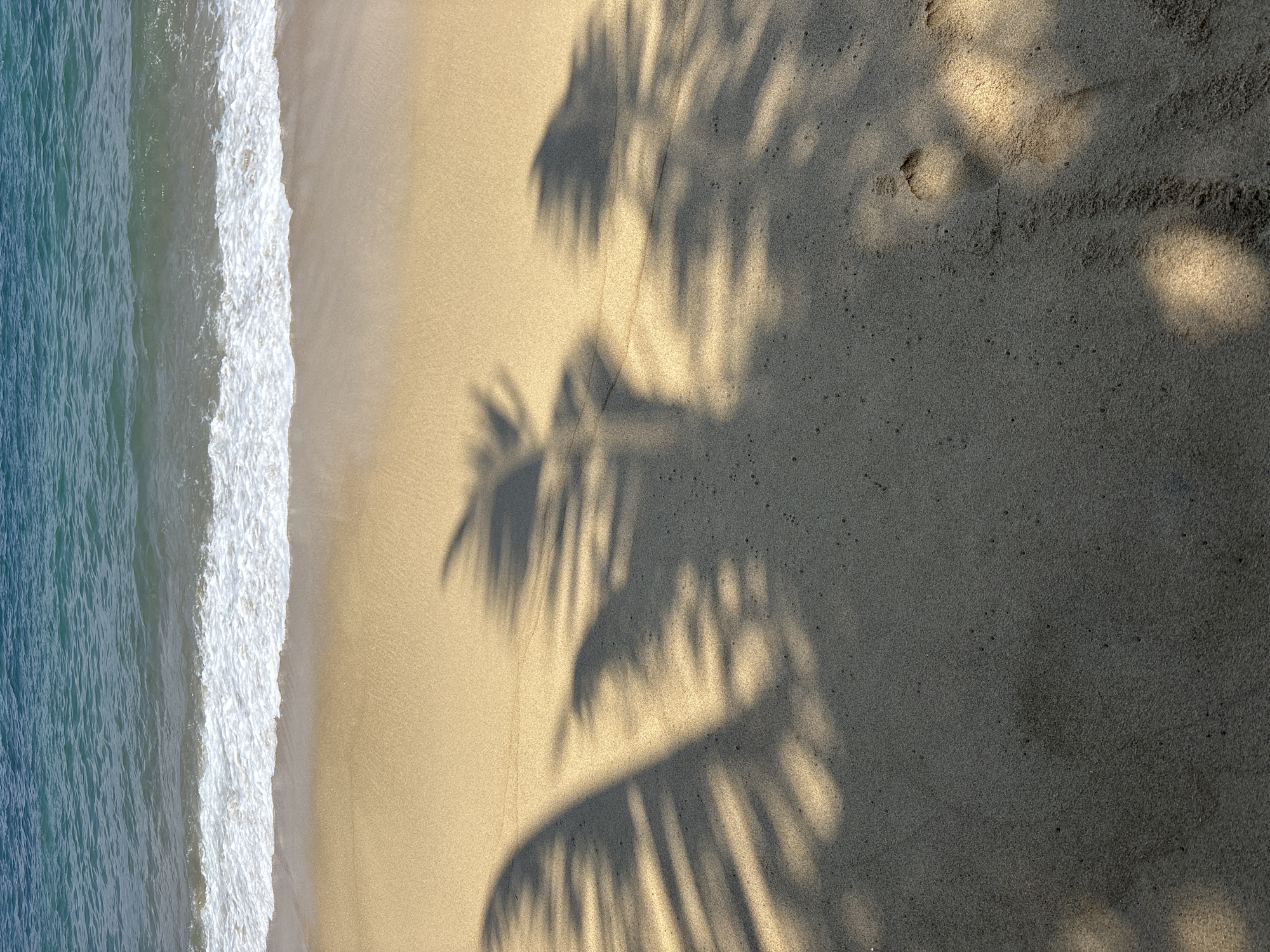 The image shows a beach in Thalaramba, Sri Lanka. Waves are visible along the left side of the frame. The sandy beach stretches across the rest of the scene, displaying a shadow of a palm tree and some footprints.
