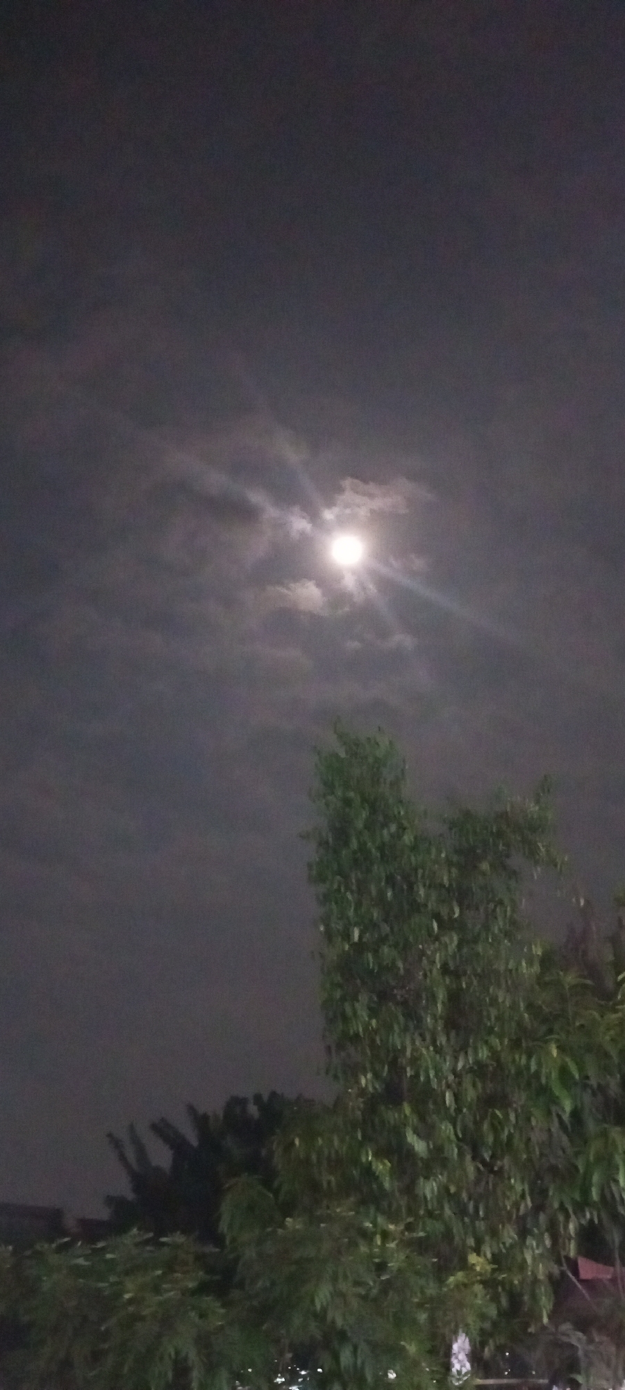 A nighttime photograph depicts a full moon partially obscured by clouds, casting a bright glow with visible light rays. The moon is positioned in the upper half of the frame, slightly to the left of the center. In the foreground, the tops of trees with dense green foliage are visible, dominating the lower portion of the image. The overall atmosphere is dark and cloudy, with the moon being the primary light source. The scene appears to be an outdoor environment, possibly a residential area given the presence of trees. The photograph was taken in Setu, Indonesia.
