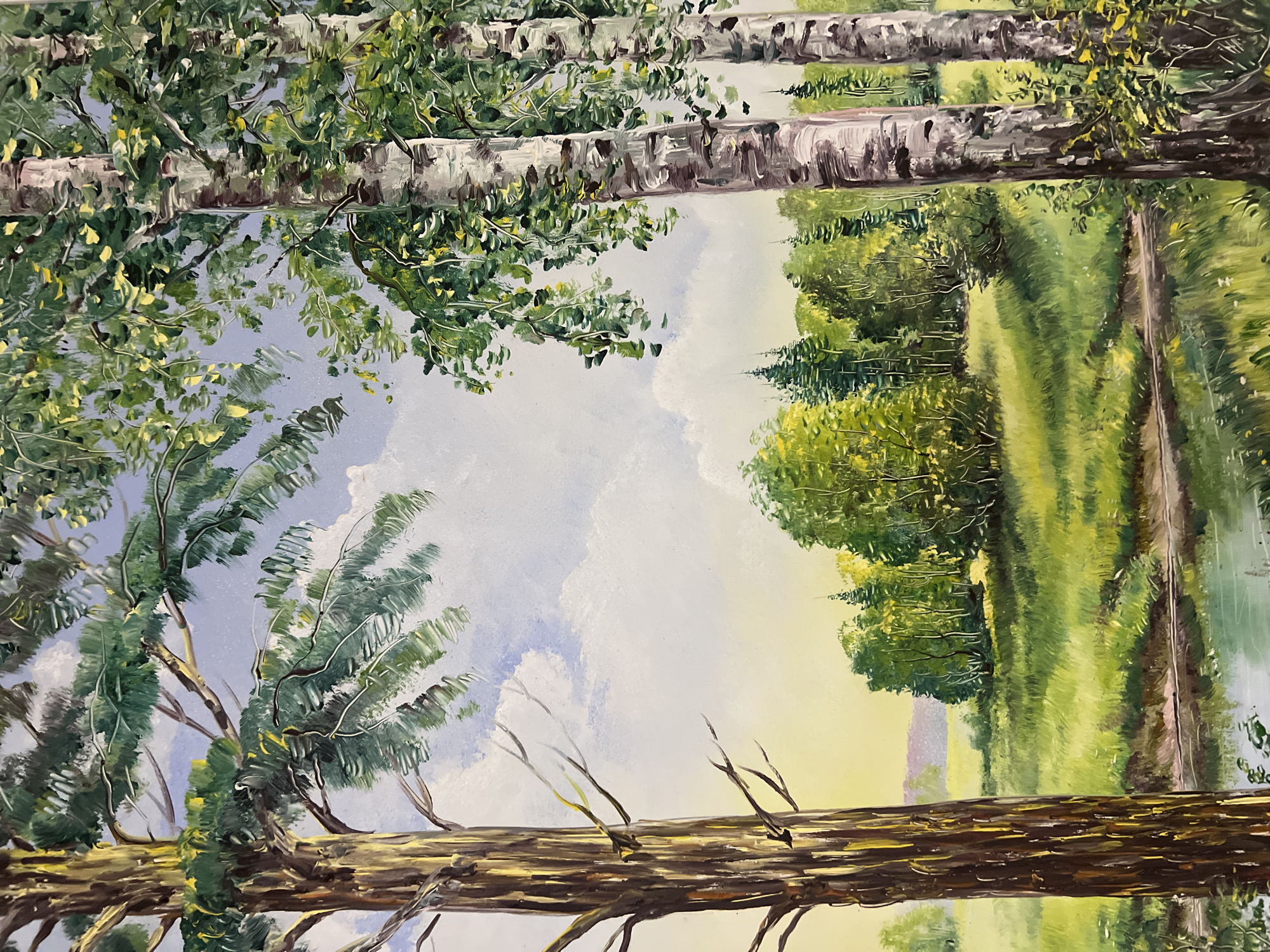 The image is a landscape painting depicting a scene near the city of Chaikovsky, Russia. It presents an inverted view of a riverbank. In the top of the frame, birch trees with green foliage are situated over a grassy bank with interspersed trees. The lower section of the image shows similar elements but from a mirrored perspective. The sky is visible as a light blue canvas with scattered white clouds. The overall color palette is dominated by shades of green, brown, and blue, with visible brush strokes giving the painting a textured appearance. The river itself is subtly suggested as the dividing line between the two sections, reflecting the surrounding trees and sky.