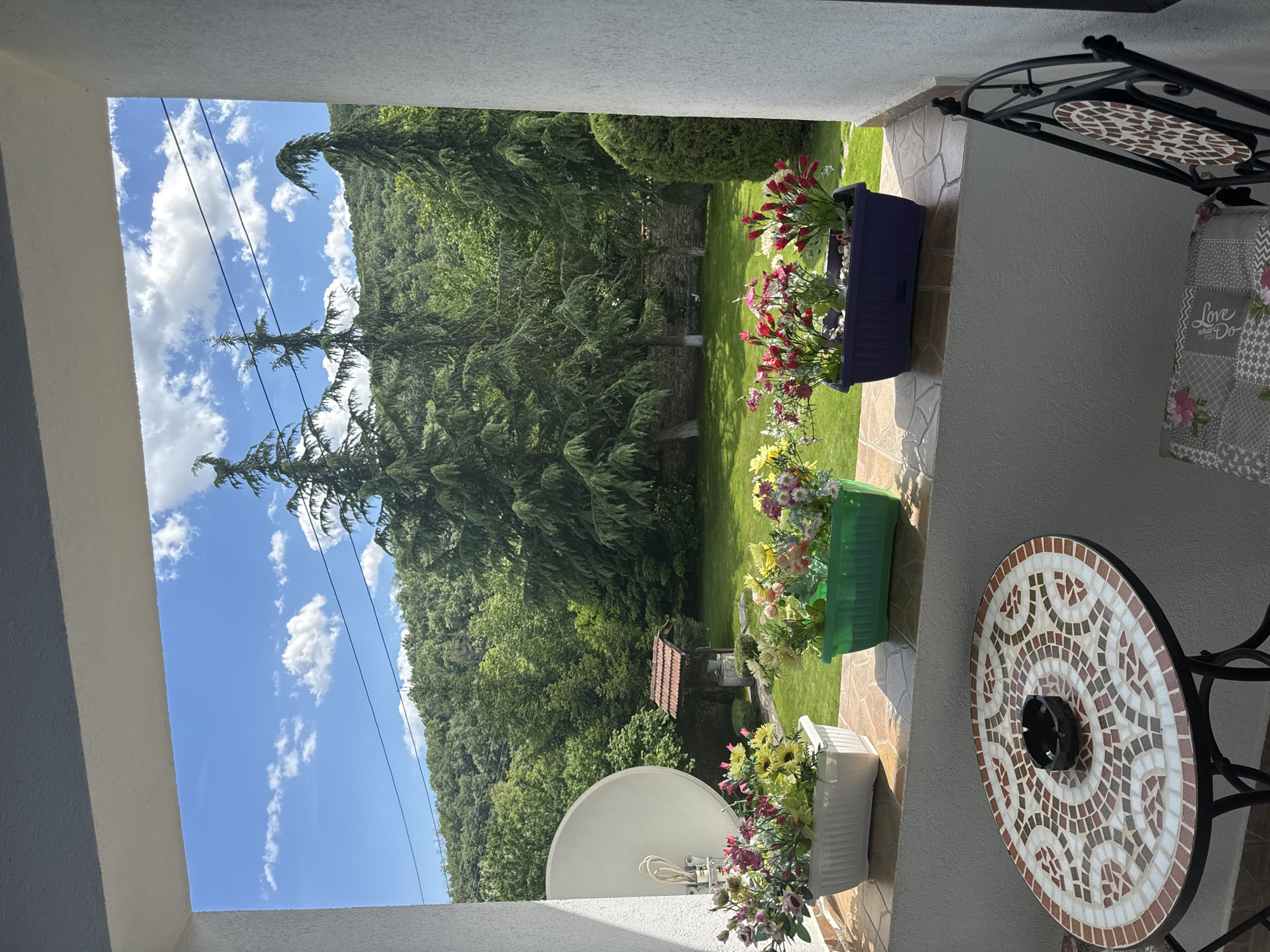 The image shows a view from a covered patio or balcony in Mogilovo, Bulgaria. The foreground contains three flower boxes affixed to the wall, filled with artificial flowers. A mosaic-topped table with a black metal frame is also visible. Beyond the patio, the landscape is dominated by a densely wooded hill, with a few buildings visible in the middle ground, and a blue sky with scattered clouds. Power lines cut across the sky. A satellite dish is mounted to the wall with a flower box in front of it.