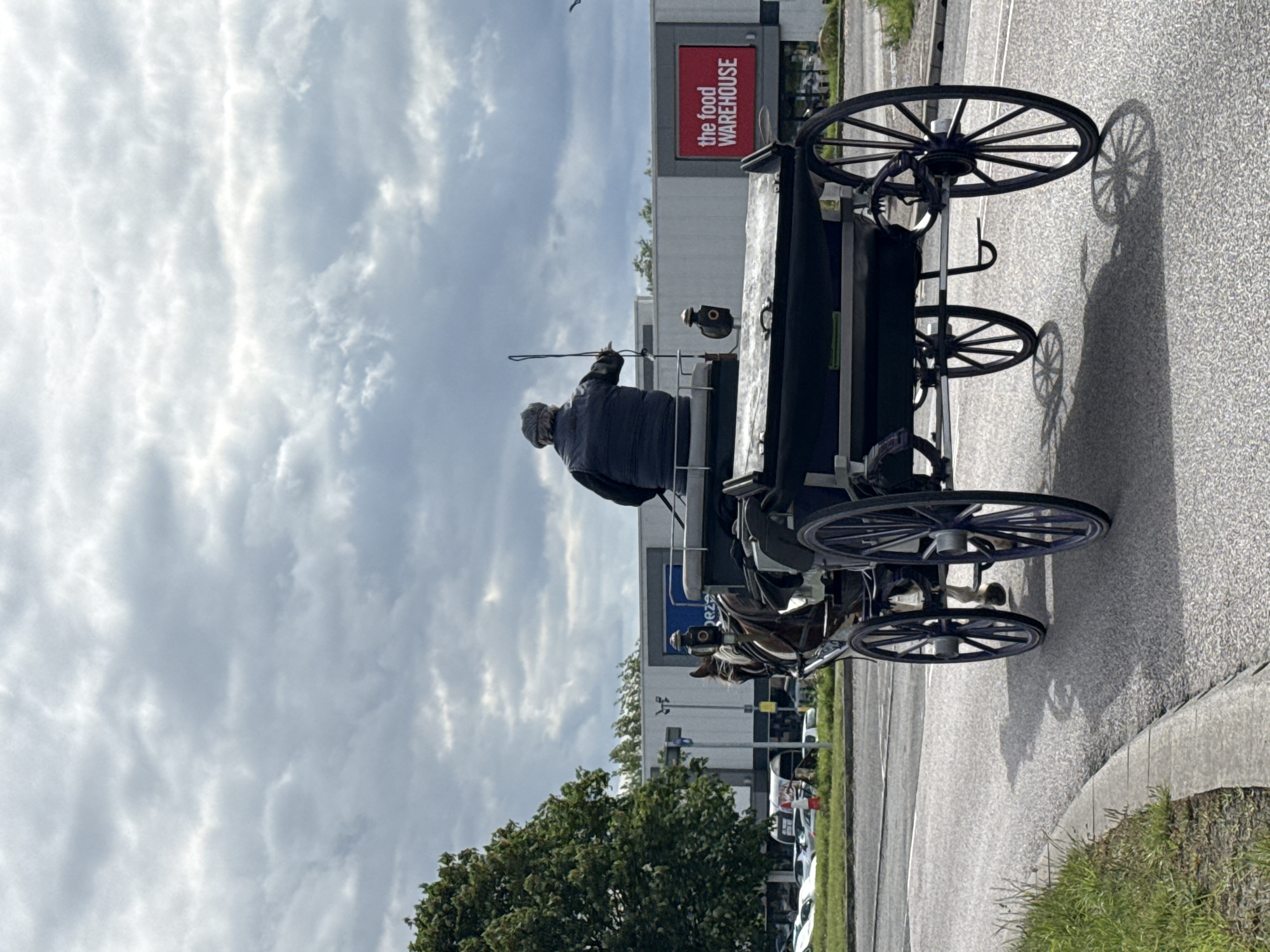 In Great Yarmouth, United Kingdom, a horse-drawn carriage with two large wheels and a canopy moves down an asphalt road. The carriage is occupied by a person wearing a dark jacket and a flat cap, holding a whip. A brown horse pulls the carriage, with its legs partially visible. In the background, a large building with a red sign reading "the food WAREHOUSE" is visible. The sky is overcast with heavy clouds.