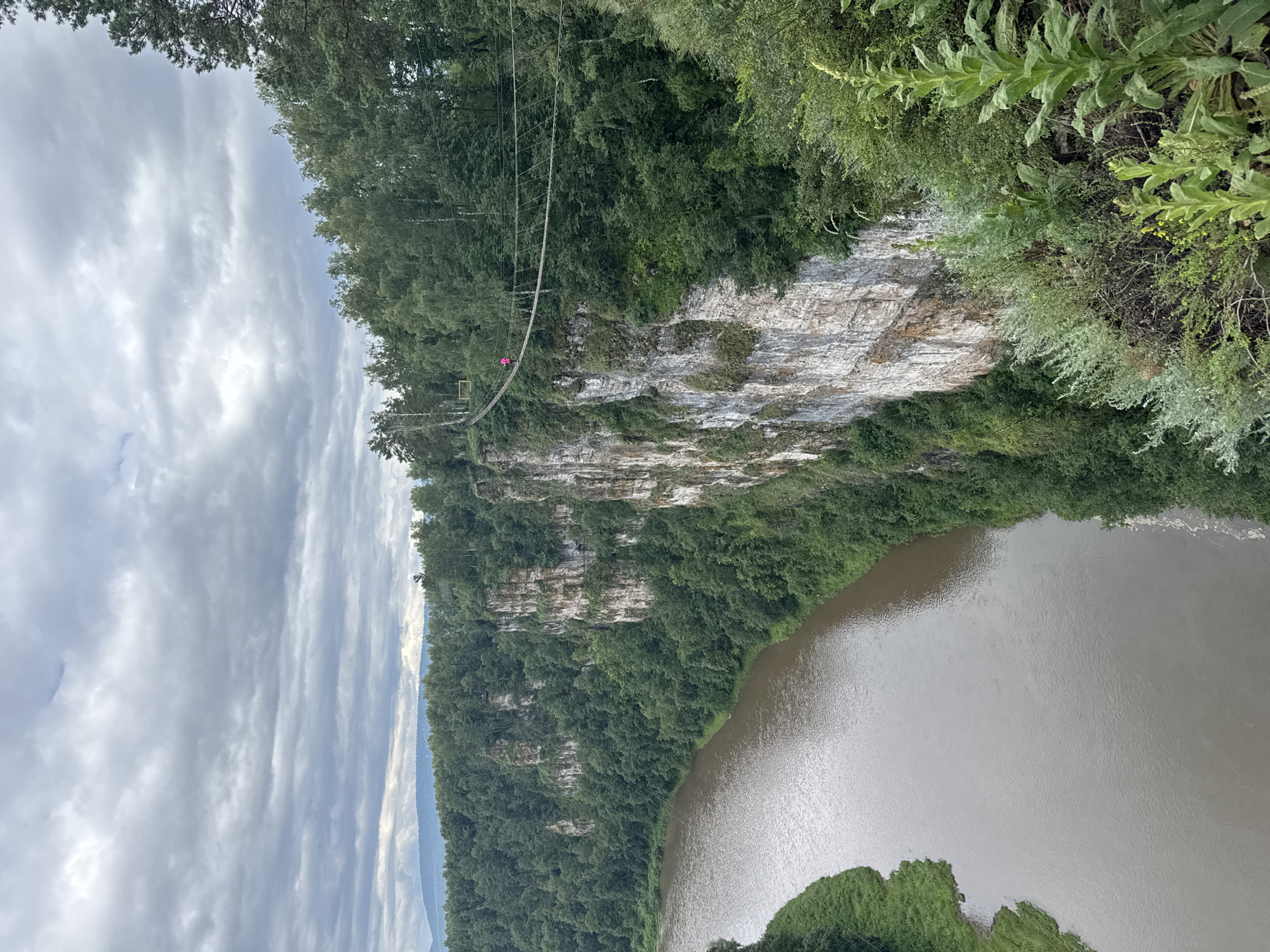 The image depicts a natural landscape with a dramatic cliff face overlooking a wide, calm river. The cliff is layered with white and brown rock, partially covered by lush green trees and vegetation that cascade down its slopes. A thin suspension bridge stretches across a section of the cliff, and a person wearing a bright pink garment is visible on it, suggesting an activity like ziplining or crossing the bridge. The river below is a murky brown color, reflecting the overcast sky. The sky itself is filled with textured, grey clouds, indicating a cloudy or overcast day. The overall scene conveys a sense of adventure and the grandeur of nature. The provided location context places this scene in Kul'metovo, Russia.