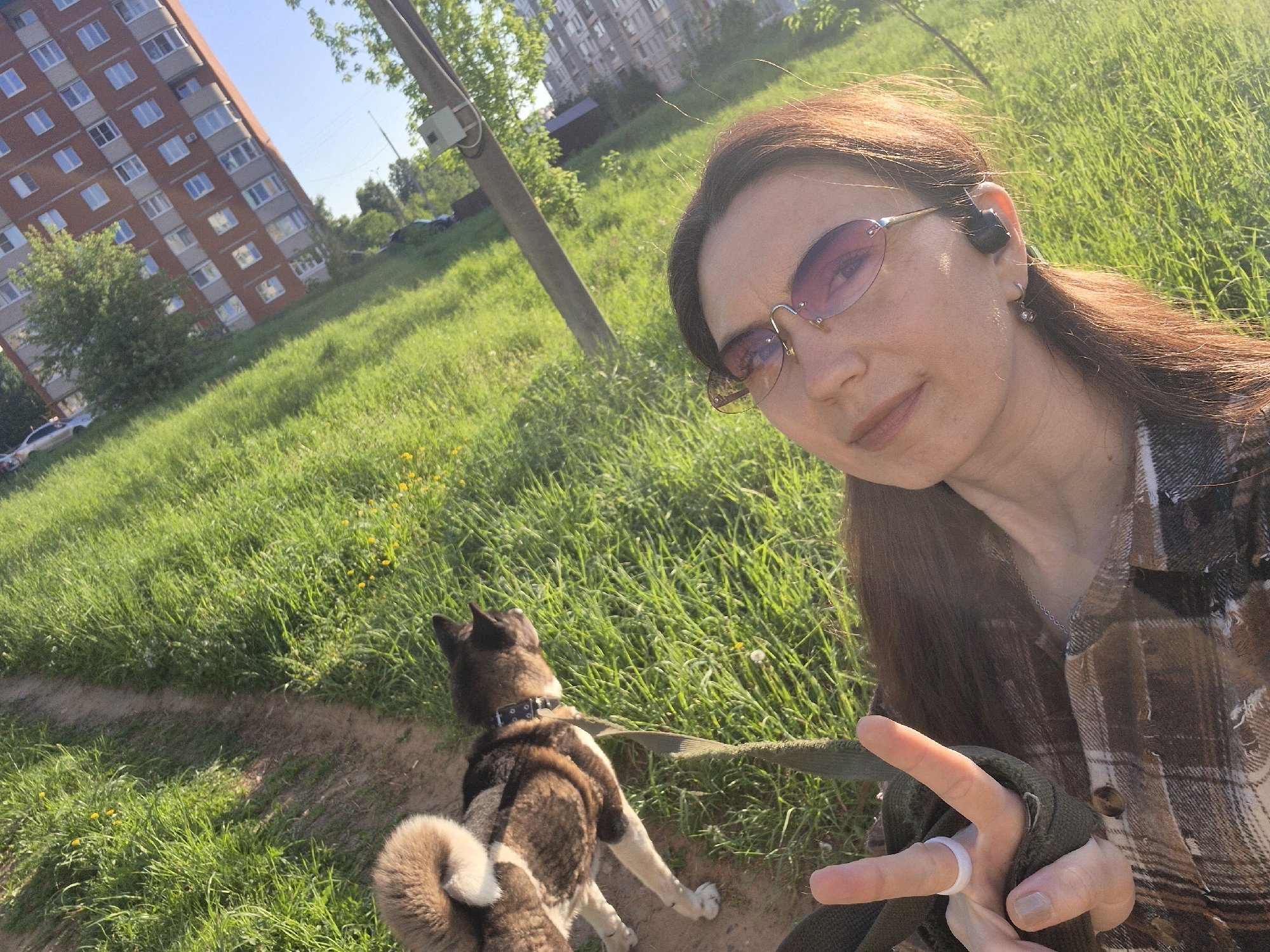 A woman with long auburn hair and mauve-tinted glasses takes a selfie while holding the leash of an Akita dog, which is turned away from the camera, on a grassy patch next to a dirt path. The woman wears a dark-colored earbud in her left ear, a silver earring, and a brown plaid shirt. She holds up two fingers in a "peace" sign, with a white ring on her ring finger. The dog has a black collar and a thick tail. The scene is in an outdoor setting with green grass, dandelions, and a building with multiple windows in the background. A utility pole and some trees are also visible. The city is Unknown, Unknown.