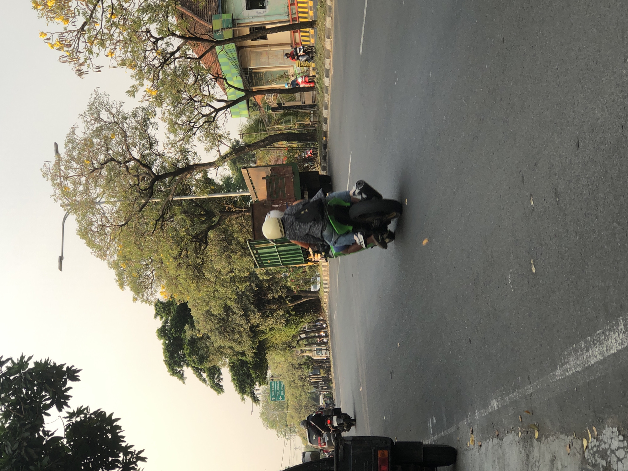 The image captures a street scene in Kludan, Indonesia, during daylight hours. A person is riding a green motorcycle in the foreground, heading away from the camera and towards the left side of the frame. The rider is wearing a light-colored helmet and a dark jacket over a light shirt, with blue jeans. The motorcycle has a dark exhaust pipe. To the left of the motorcycle, a dark-colored truck is visible, partially obscuring another vehicle. Further down the road, other vehicles, including motorcycles and cars, are present, along with a prominent green directional sign pointing towards "SURABAYA," "TULANGAN," and "MOJOSARI." Trees with green foliage and some yellow blossoms line the right side of the road, with a building featuring a green facade and a red-tiled roof visible behind the trees. A street lamp is also present. The road surface appears to be asphalt, with a white line marking the lane. Fallen leaves are scattered along the side of the road.
