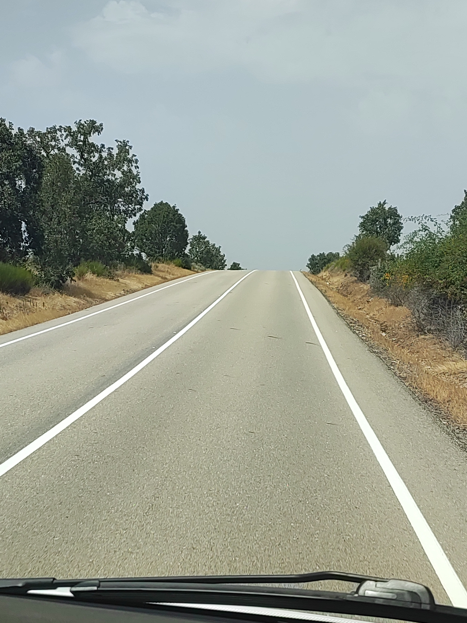 A POV shot from inside a vehicle shows a two-lane asphalt road ascending a gentle hill under a pale, overcast sky. White lines delineate the lanes and the edge of the road. To the left of the road are several large, leafy green trees and dry, brown vegetation. To the right of the road, the terrain is covered in dry, yellow-brown grass and shrubbery, with more trees further in the distance. The scene appears to be in Robledo Hermoso, Spain, likely a rural area or highway. The bottom of the windshield wipers and part of the dashboard are visible in the foreground.