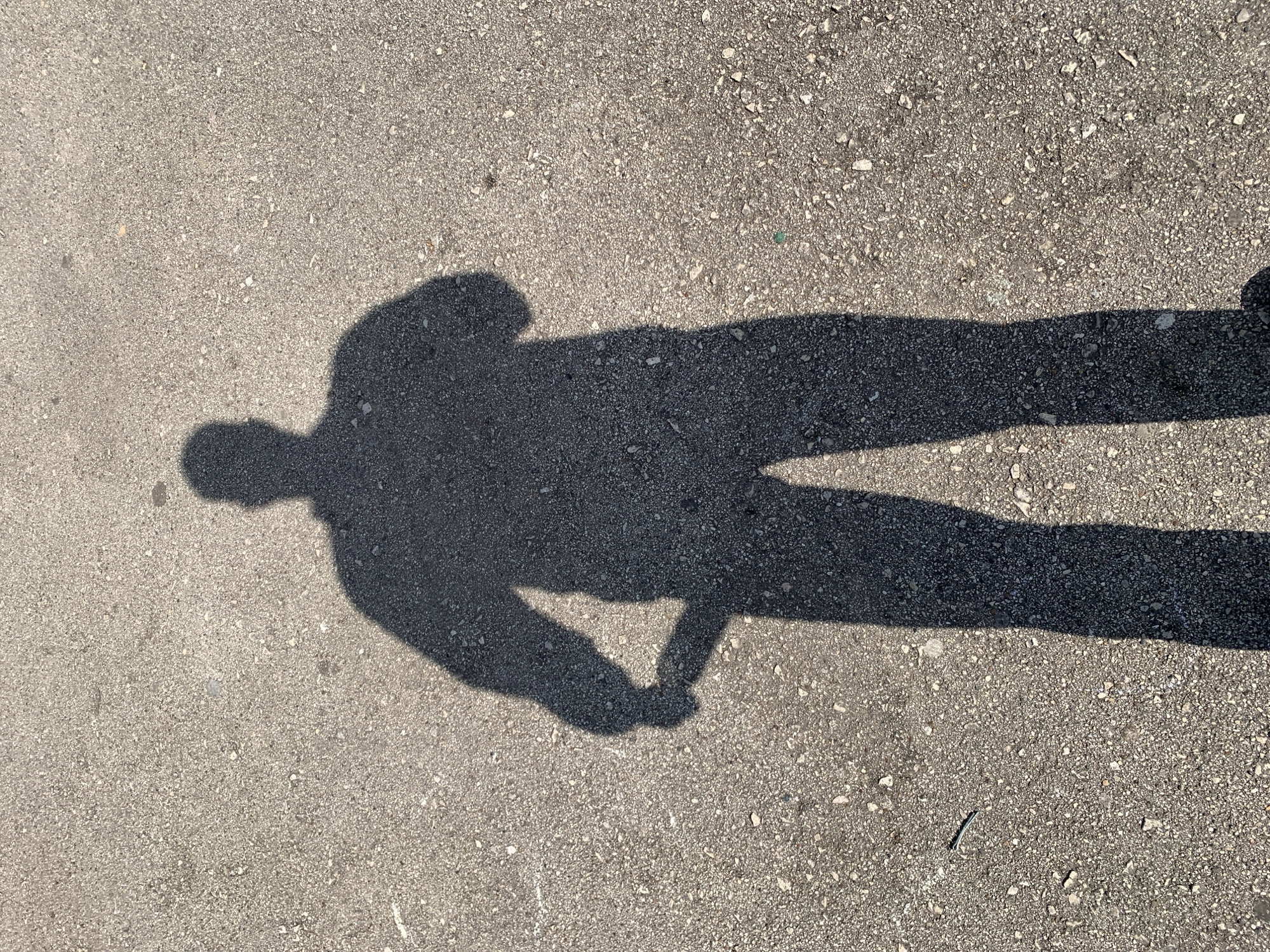 This image features a prominent, elongated human shadow cast across a textured outdoor ground surface, likely asphalt or coarse concrete. The shadow depicts a person in a standing or casually walking pose, with their head and torso oriented towards the left of the frame. The right arm is bent at the elbow, and the shadow's hand area suggests the person might be holding a small object, such as a phone. The left arm is also bent. The legs are visible, extending towards the right side of the frame. A partial shadow, possibly belonging to another person or the photographer, is visible at the extreme right edge of the image.
The sharp definition and considerable length of the shadow indicate that the sun is relatively low in the sky, suggesting either early morning or late afternoon, under clear and sunny weather conditions. The ground is a light gray, granular surface, speckled with darker and lighter aggregate, consistent with a paved outdoor area like a sidewalk, path, or parking lot. The scene is a simple, close-up view of the ground and the shadow, devoid of any specific landmarks or background details that would visually identify the location as Chaikovsky, Russia, as provided in the context. No visible text is present, and no particular emotions can be discerned from the shadow.