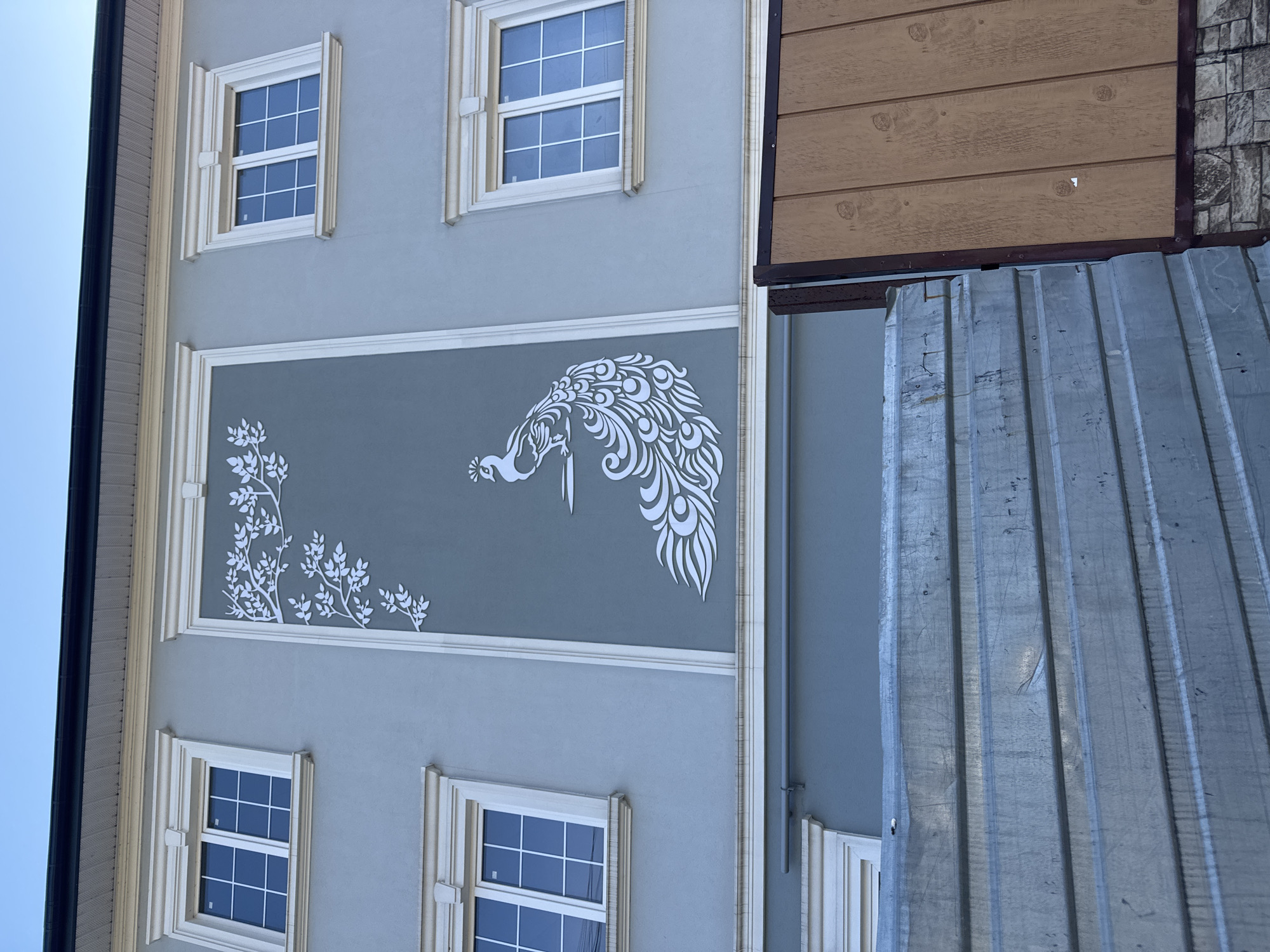 The image shows a section of the exterior wall of a building in Sochi, Russia. The wall is light blue, with white decorative trim around windows and a large gray rectangular panel. This panel contains a white decorative design resembling a peacock's head and feathers, as well as a branching floral pattern. The windows have multiple panes.
To the right of the blue wall, there are sections of brown wood paneling and corrugated metal siding. The composition is taken at a slight angle, suggesting a street-level perspective.